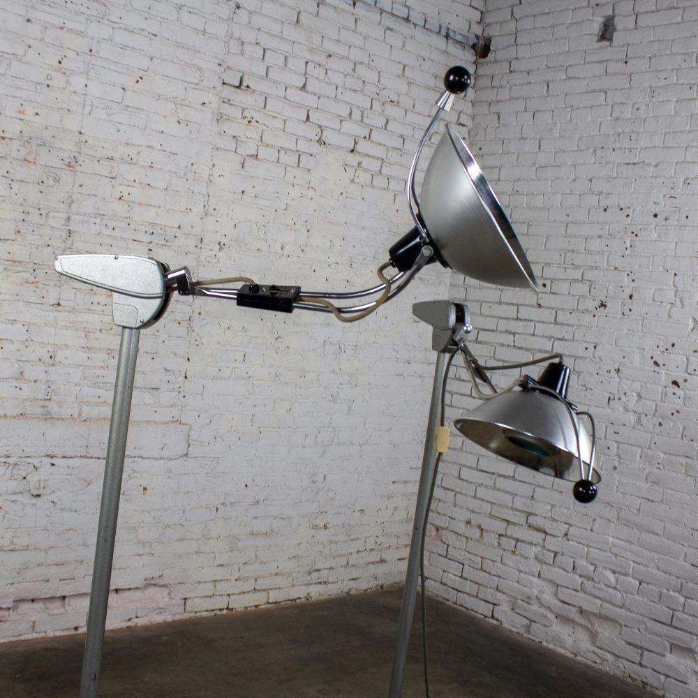 Mid-20th Century Industrial Surgical Floor Lamps Metal Frames & 4 Prong Bases w/Casters by Wilmot Castle Co.