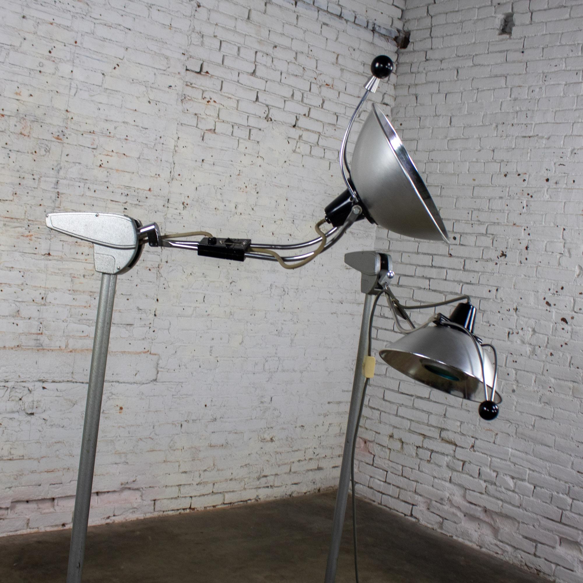 Mid-20th Century Industrial Surgical Floor Lamps Metal Frames & 4 Prong Bases w/Casters by Wilmot Castle Co.