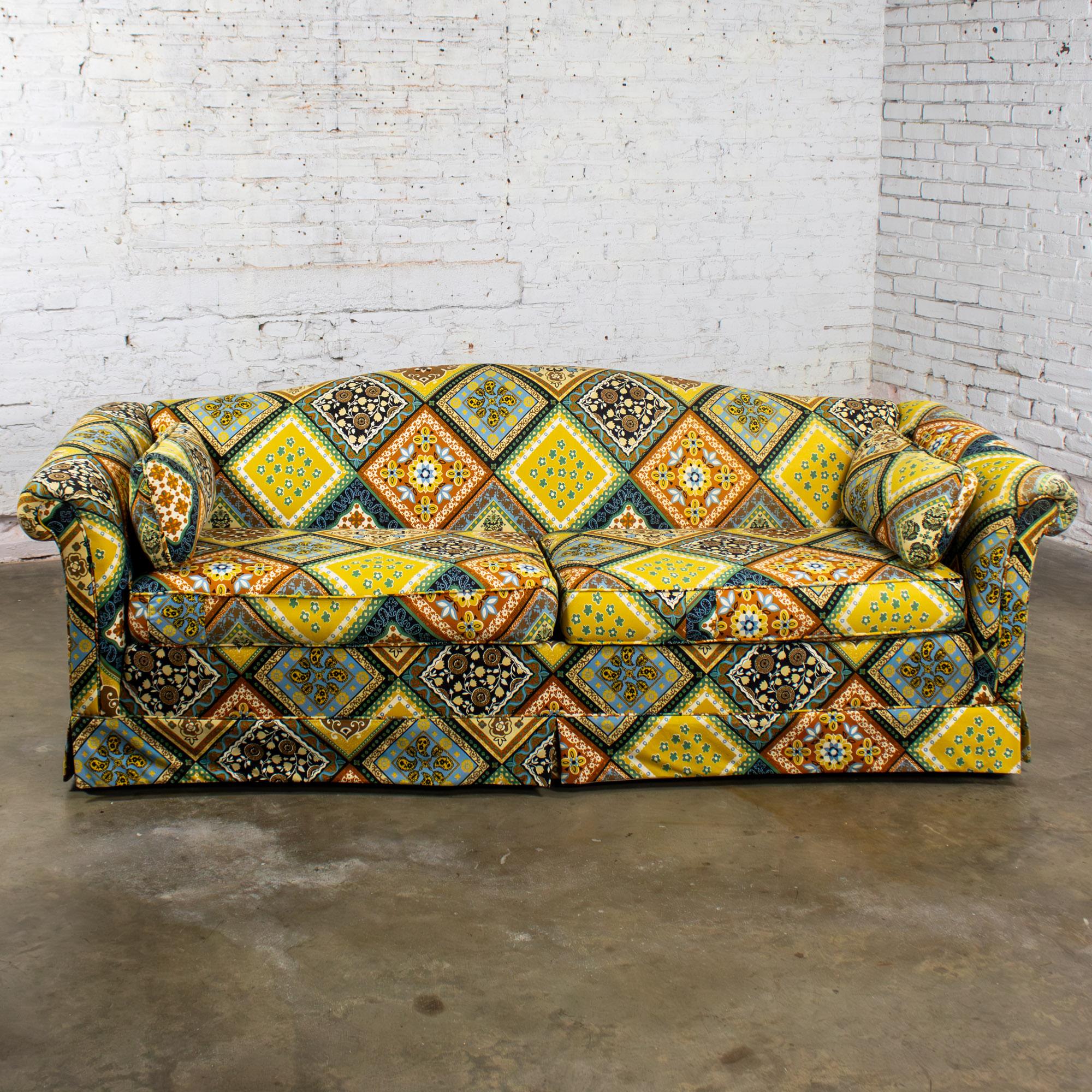 Late 20th Century Camelback Sofa w/Multicolored Patchwork Fabric & Tight Back by Rowe Furniture