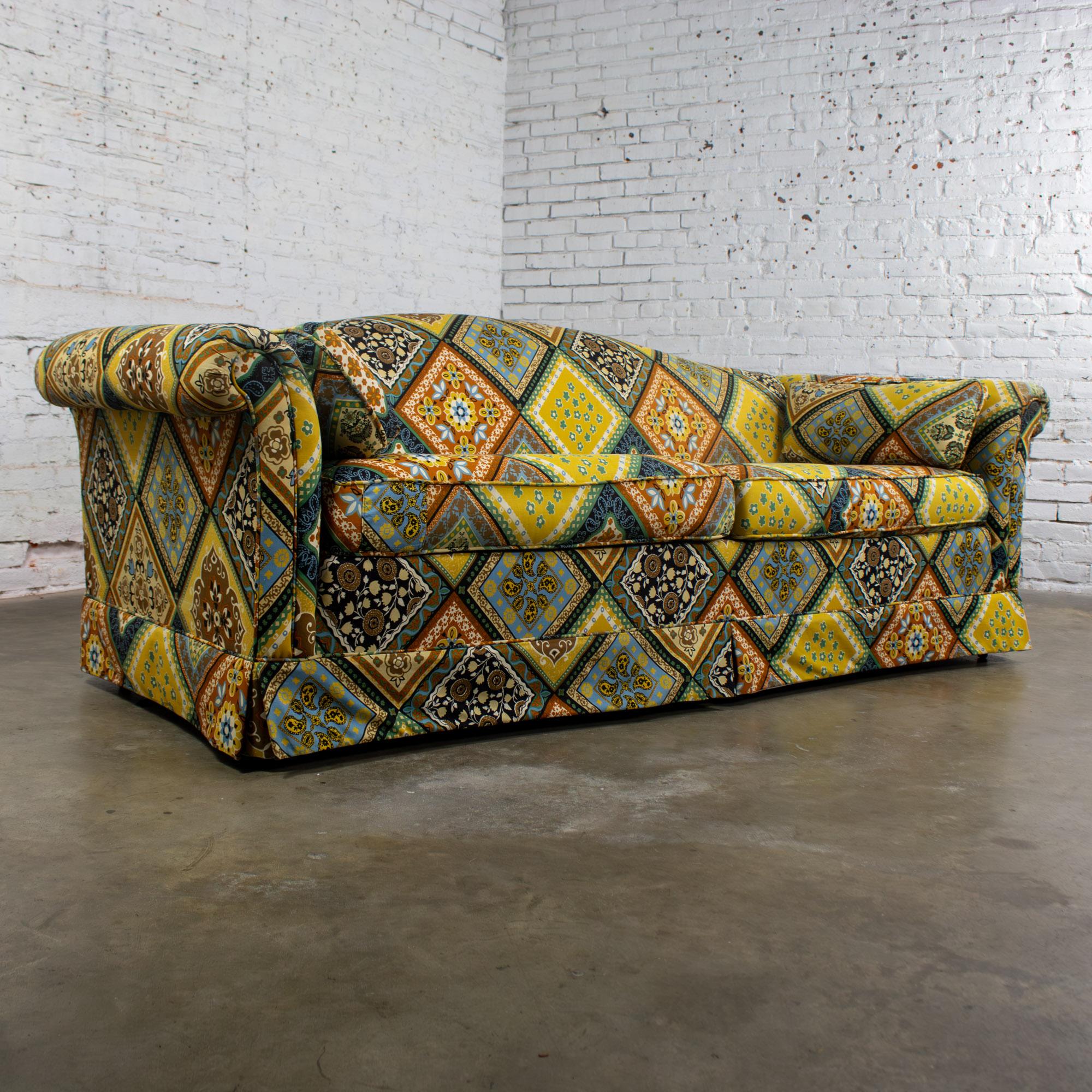 Late 20th Century Camelback Sofa w/Multicolored Patchwork Fabric & Tight Back by Rowe Furniture