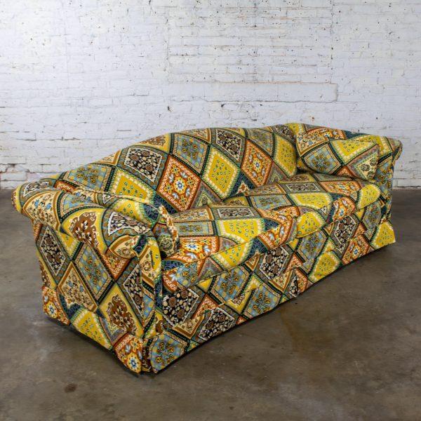 Late 20th Century Camelback Sofa w/Multicolored Patchwork Fabric & Tight Back by Rowe Furniture