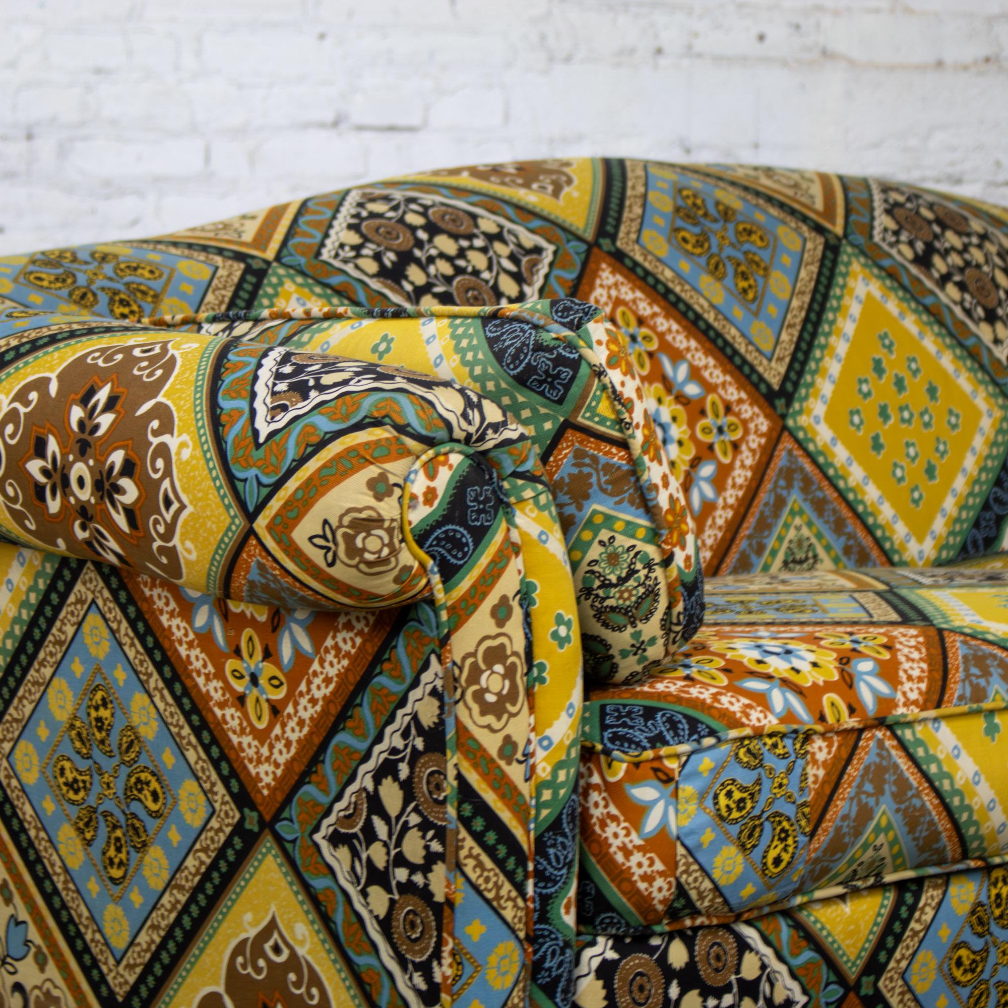 Late 20th Century Camelback Sofa w/Multicolored Patchwork Fabric & Tight Back by Rowe Furniture