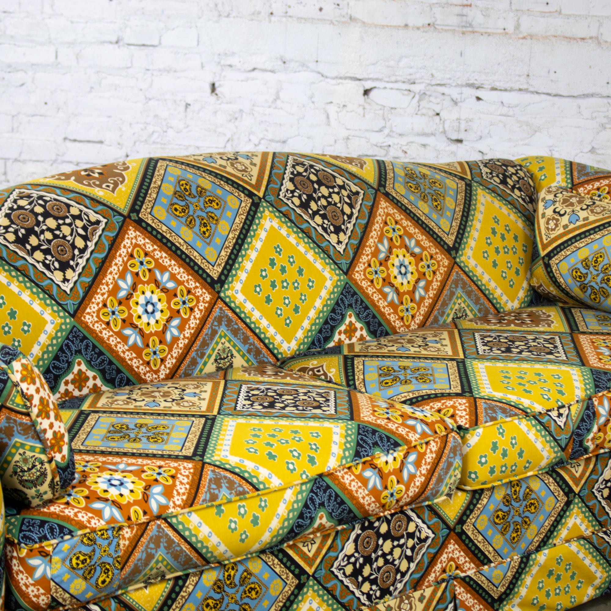 Late 20th Century Camelback Sofa w/Multicolored Patchwork Fabric & Tight Back by Rowe Furniture