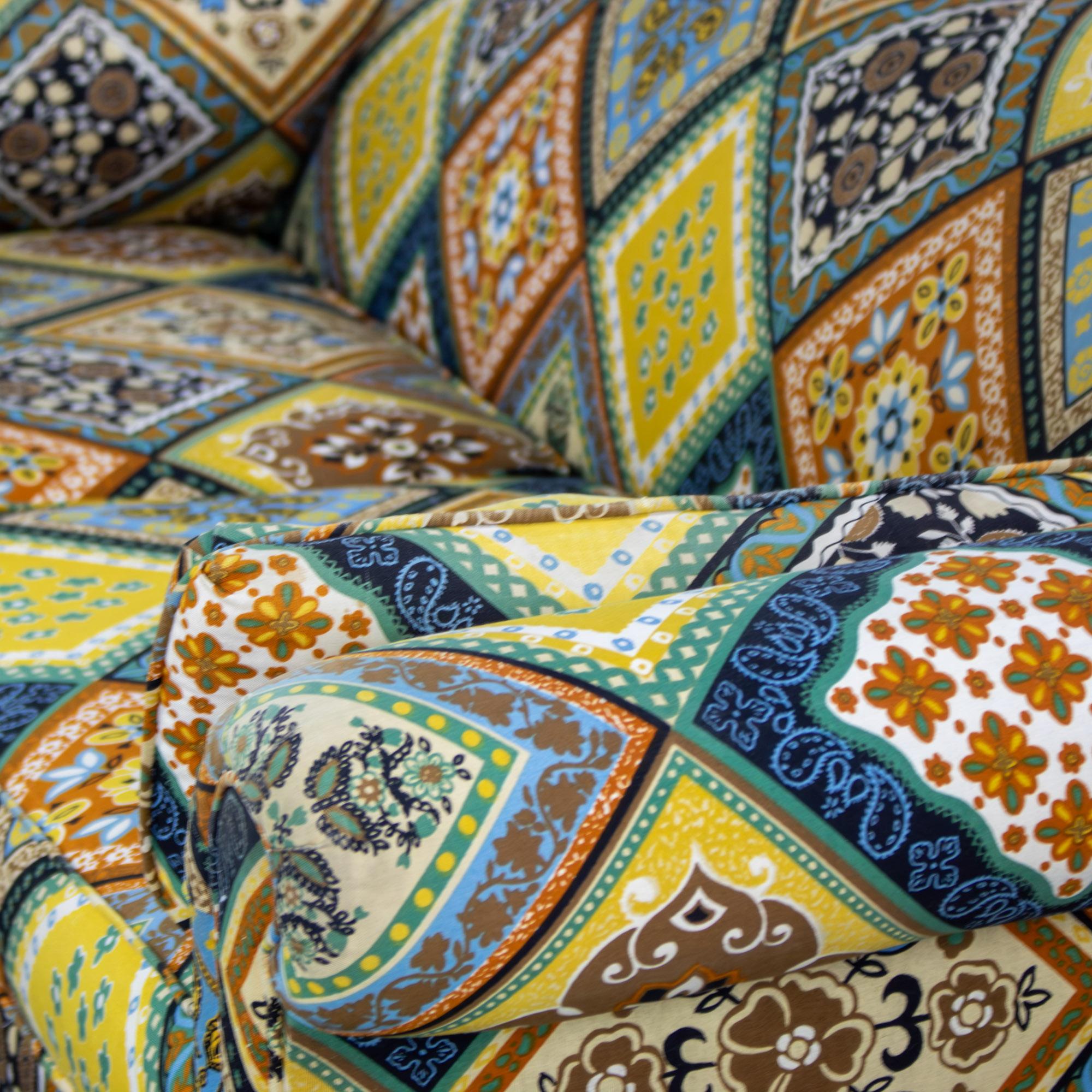 Late 20th Century Camelback Sofa w/Multicolored Patchwork Fabric & Tight Back by Rowe Furniture