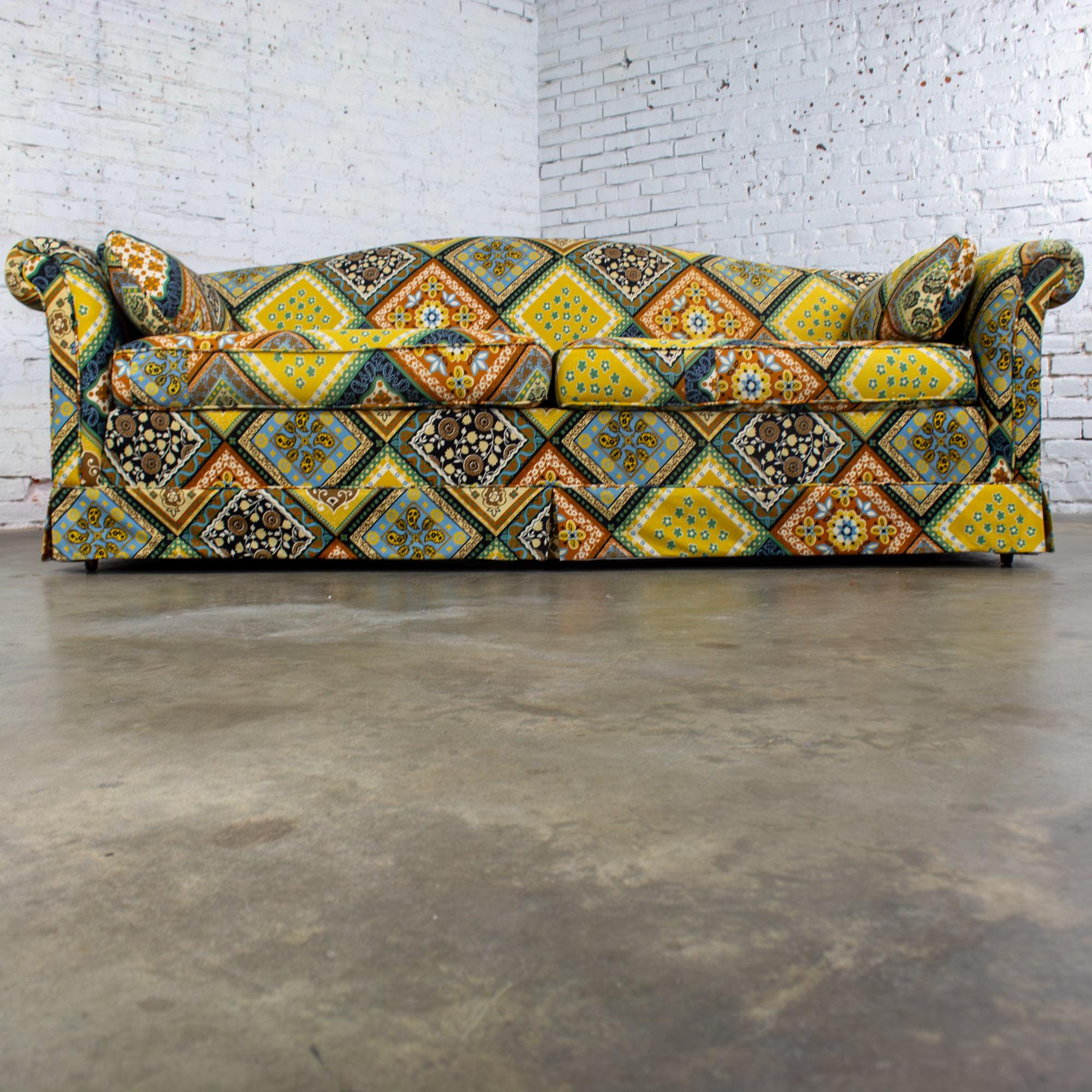 Late 20th Century Camelback Sofa w/Multicolored Patchwork Fabric & Tight Back by Rowe Furniture