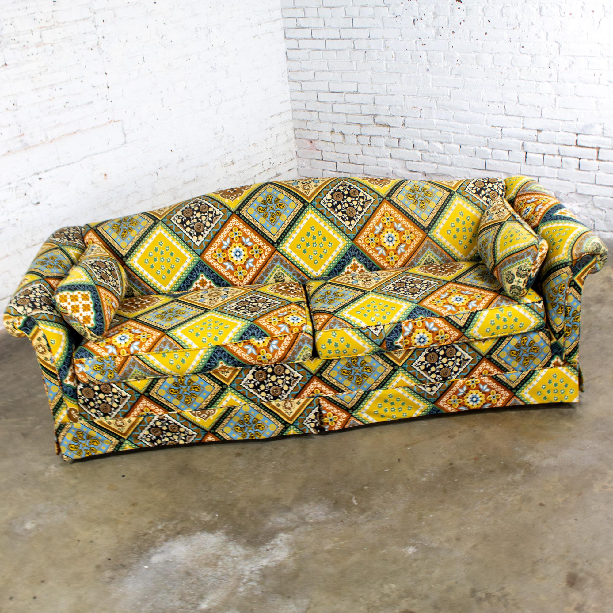 Late 20th Century Camelback Sofa w/Multicolored Patchwork Fabric & Tight Back by Rowe Furniture