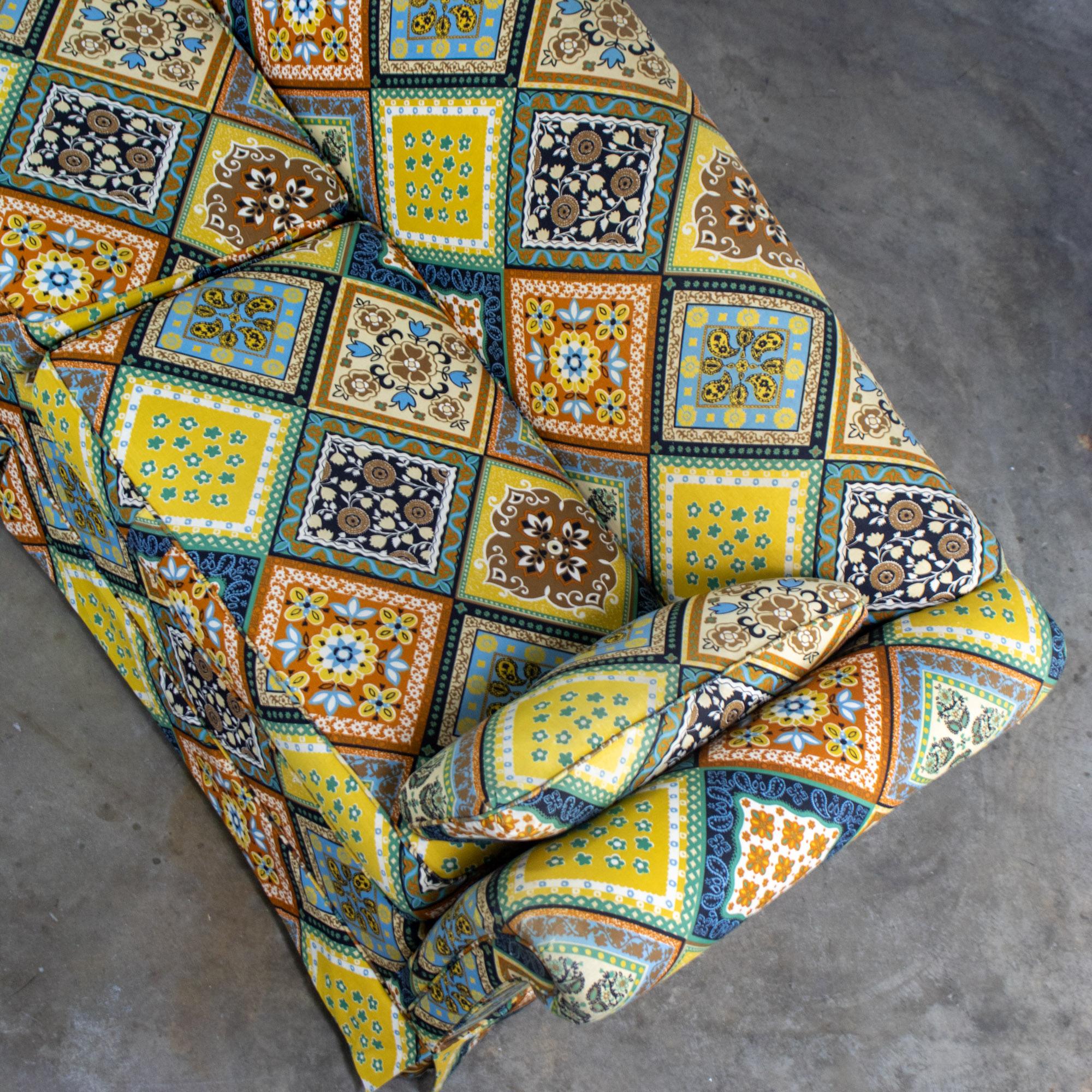 Late 20th Century Camelback Sofa w/Multicolored Patchwork Fabric & Tight Back by Rowe Furniture