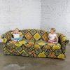 Late 20th Century Camelback Sofa w/Multicolored Patchwork Fabric & Tight Back by Rowe Furniture