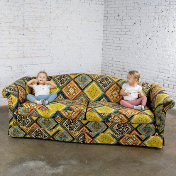Late 20th Century Camelback Sofa w/Multicolored Patchwork Fabric & Tight Back by Rowe Furniture