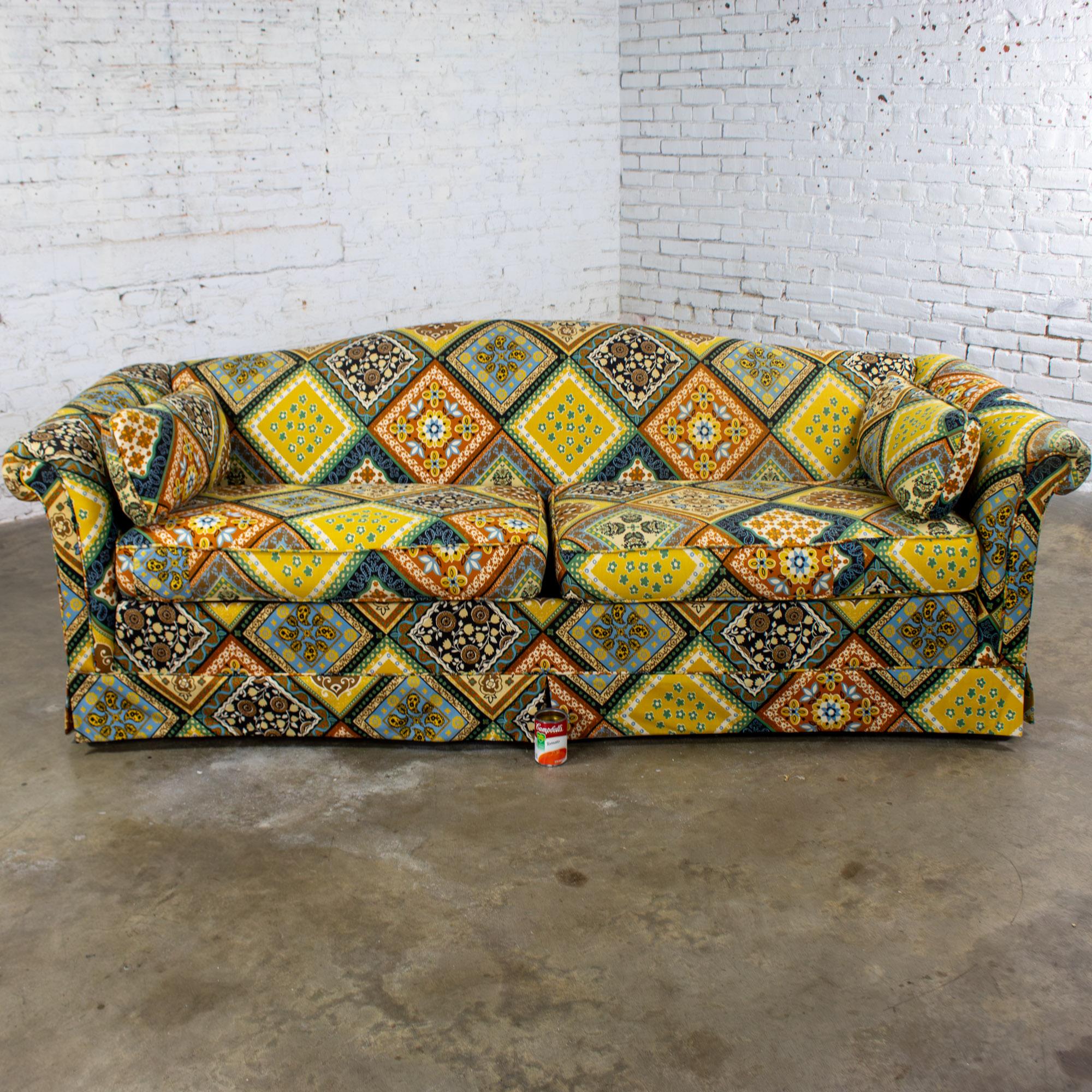 Late 20th Century Camelback Sofa w/Multicolored Patchwork Fabric & Tight Back by Rowe Furniture