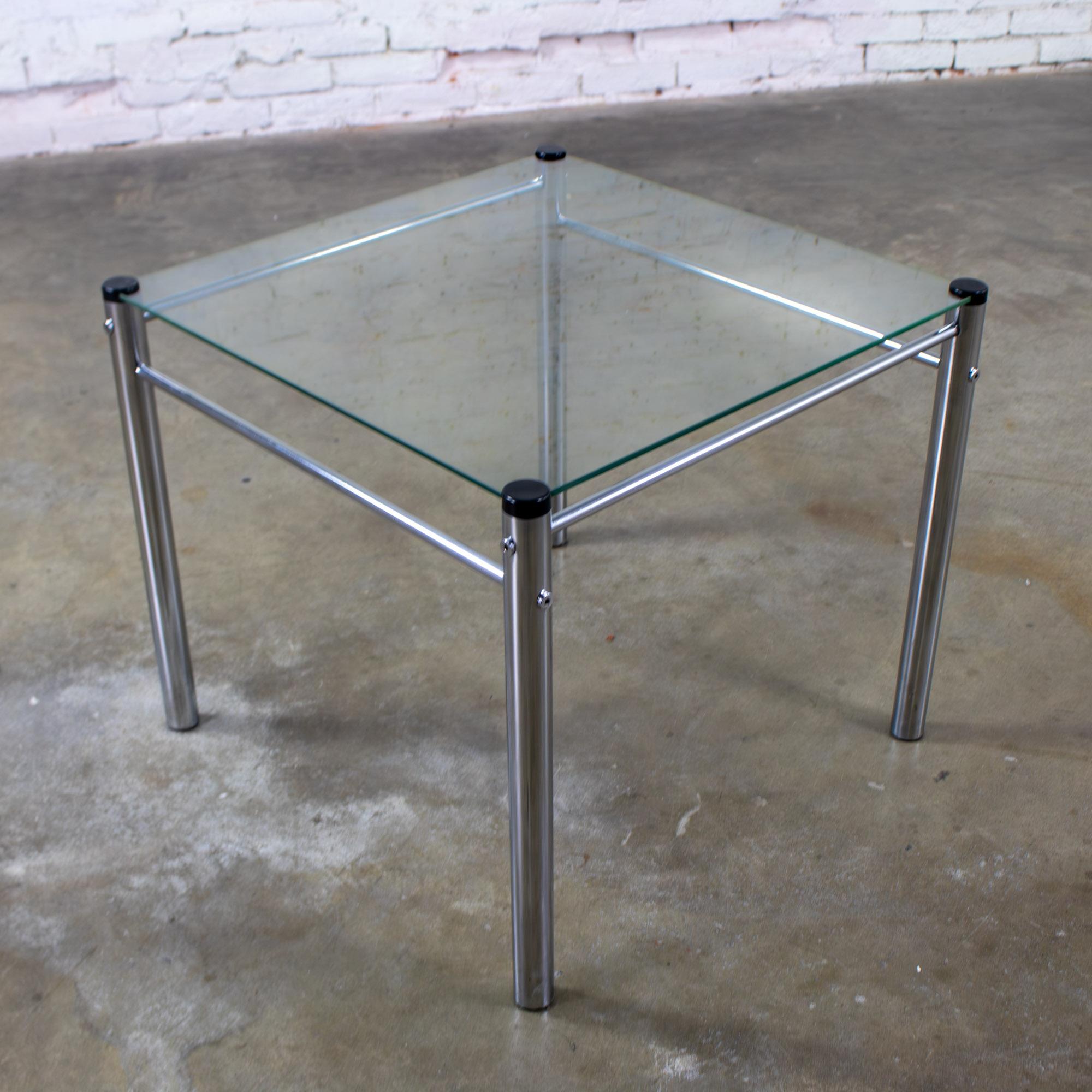 1970’s Modern Square End or Side Table by James David Cylindrical Chrome Tube Frame & Glass Top