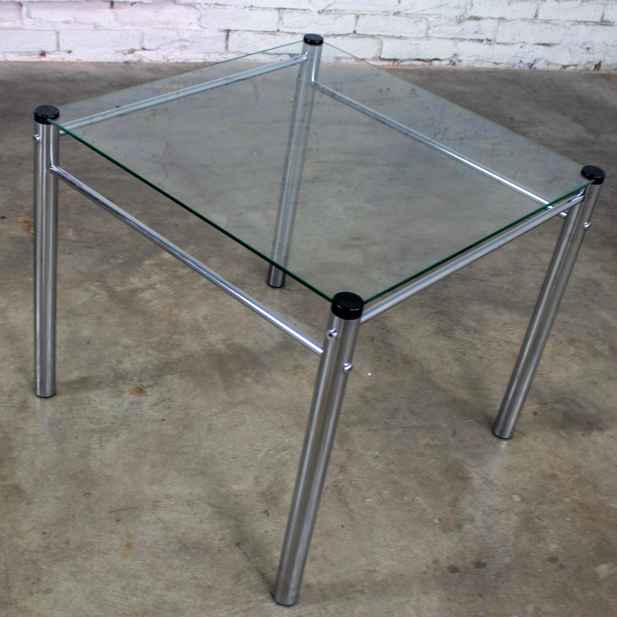 1970’s Modern Square End or Side Table by James David Cylindrical Chrome Tube Frame & Glass Top