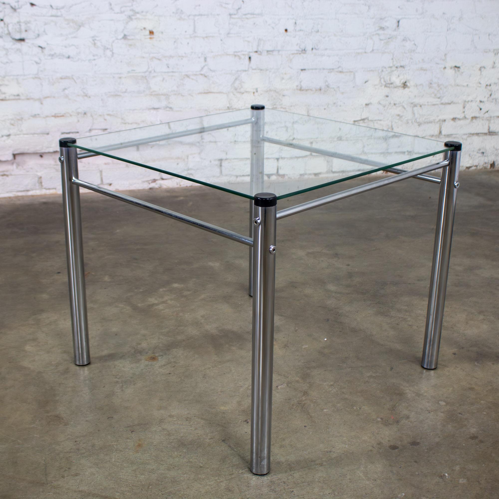 1970’s Modern Square End or Side Table by James David Cylindrical Chrome Tube Frame & Glass Top