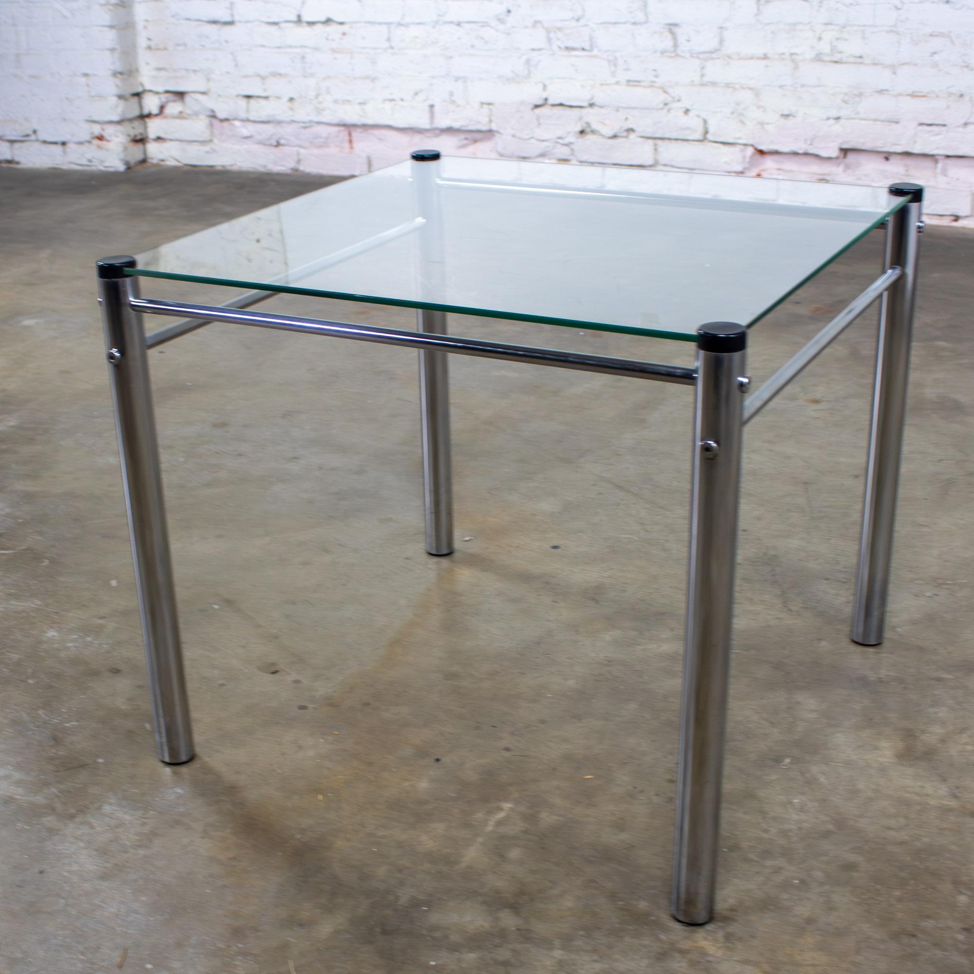 1970’s Modern Square End or Side Table by James David Cylindrical Chrome Tube Frame & Glass Top