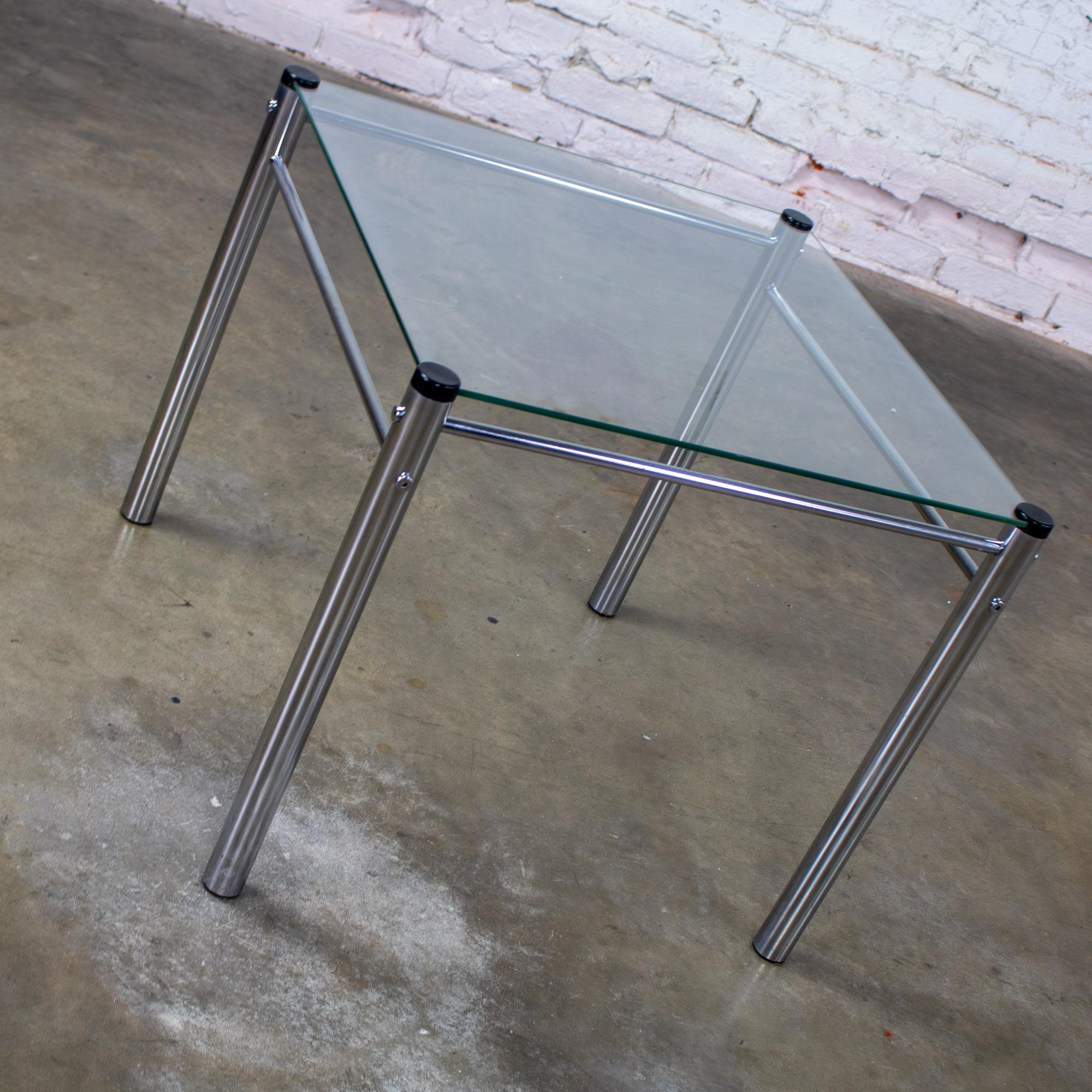 1970’s Modern Square End or Side Table by James David Cylindrical Chrome Tube Frame & Glass Top