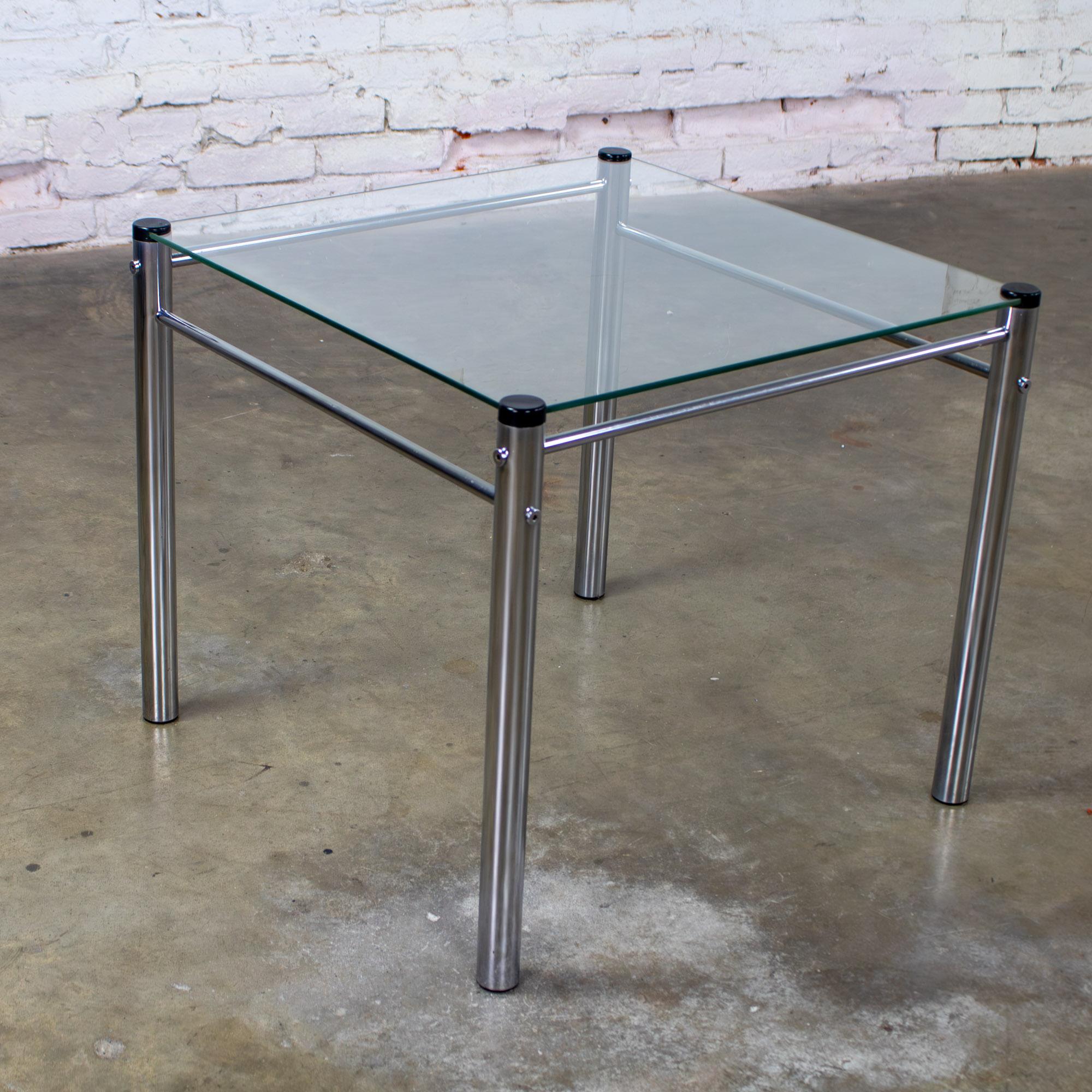 1970’s Modern Square End or Side Table by James David Cylindrical Chrome Tube Frame & Glass Top