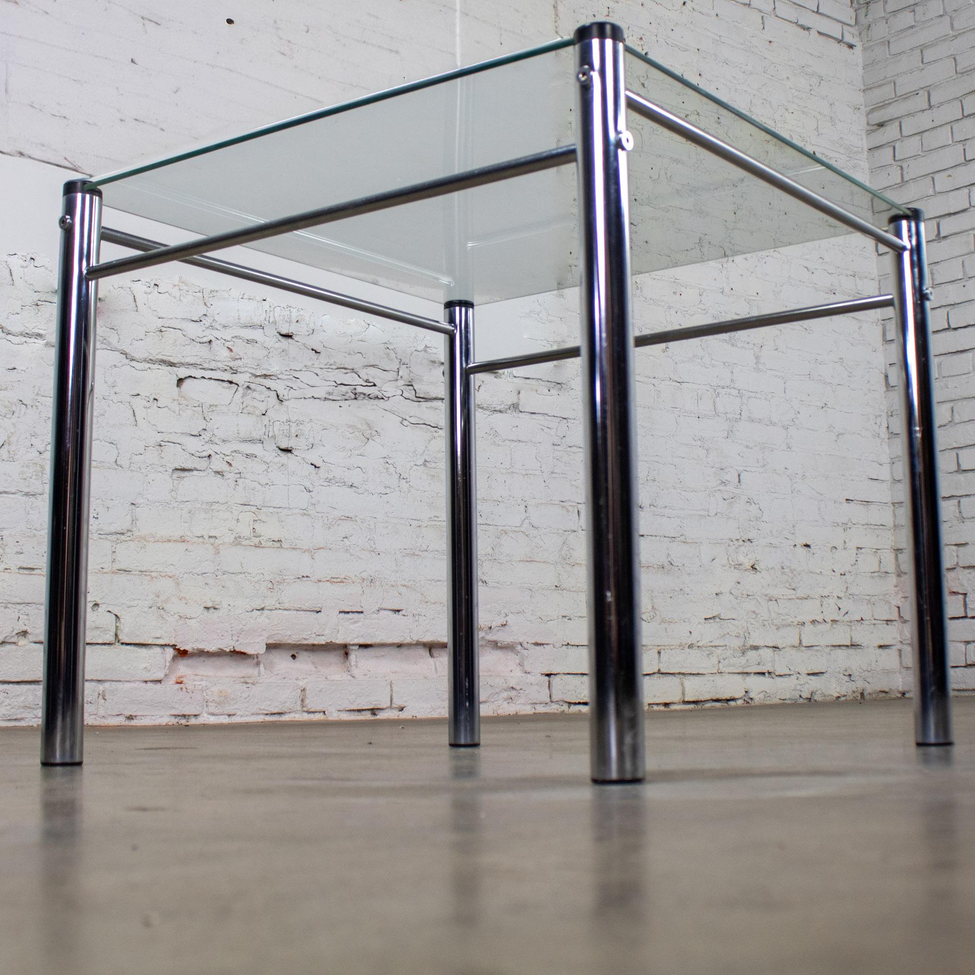 1970’s Modern Square End or Side Table by James David Cylindrical Chrome Tube Frame & Glass Top
