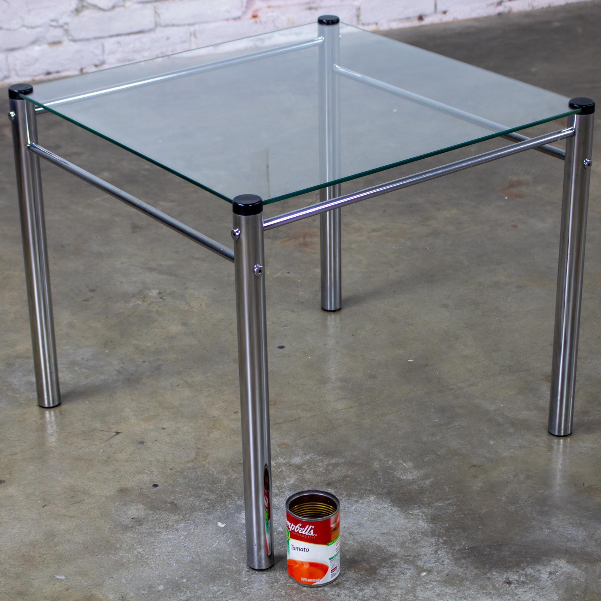 1970’s Modern Square End or Side Table by James David Cylindrical Chrome Tube Frame & Glass Top
