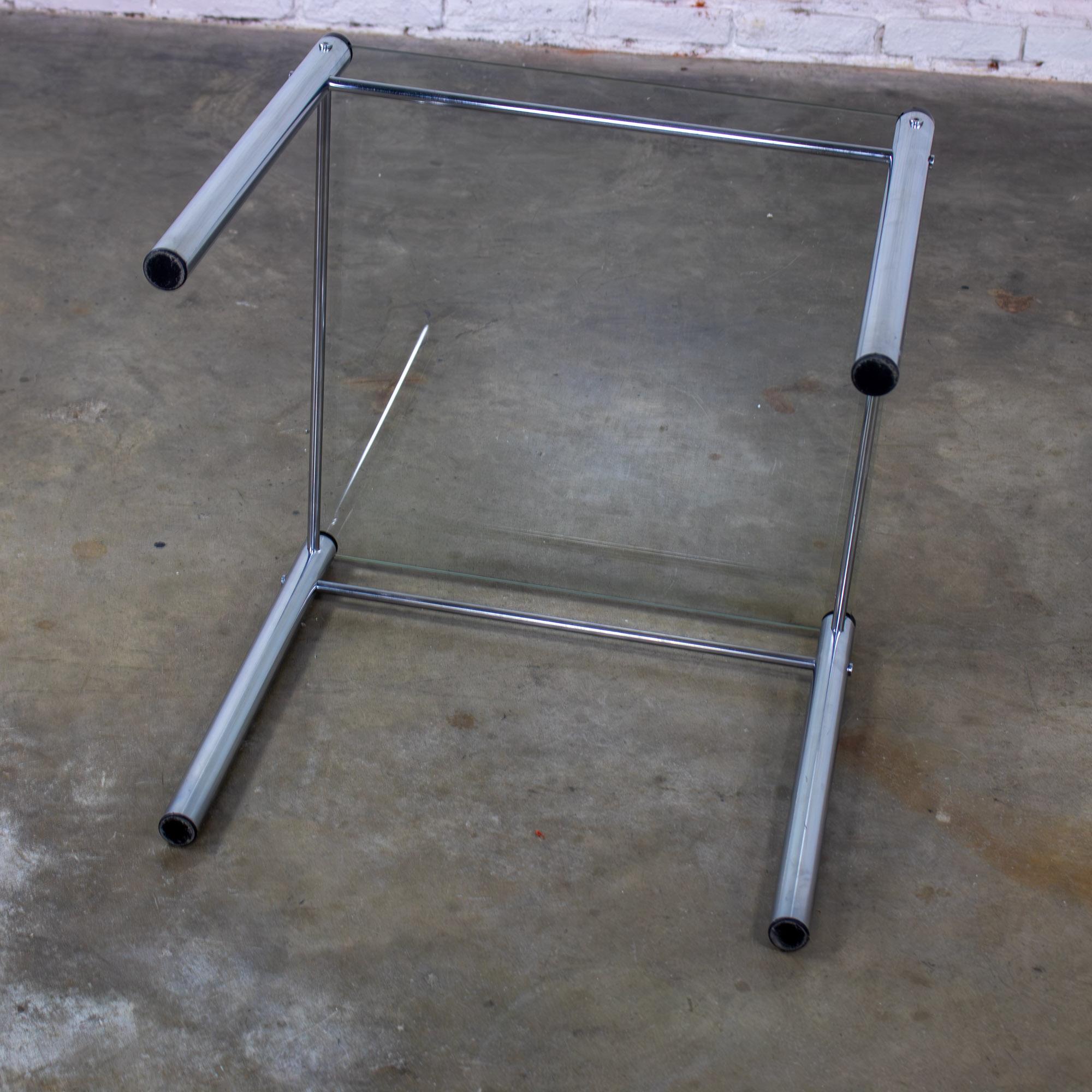 1970’s Modern Square End or Side Table by James David Cylindrical Chrome Tube Frame & Glass Top