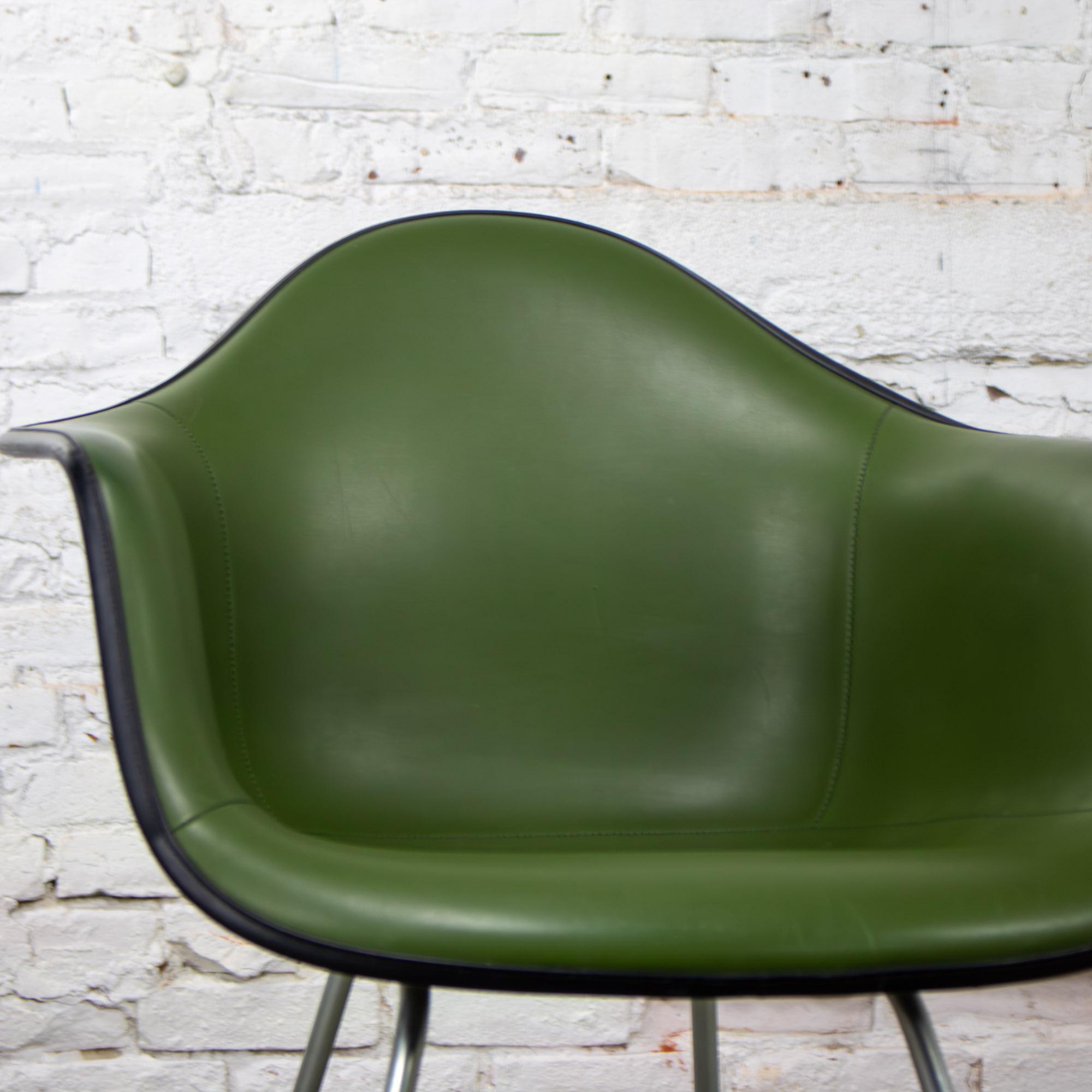 1971 MCM Eames Herman Miller Molded Fiberglass Shell Armchair Upholstered Green Naugahyde Galvanized H Base