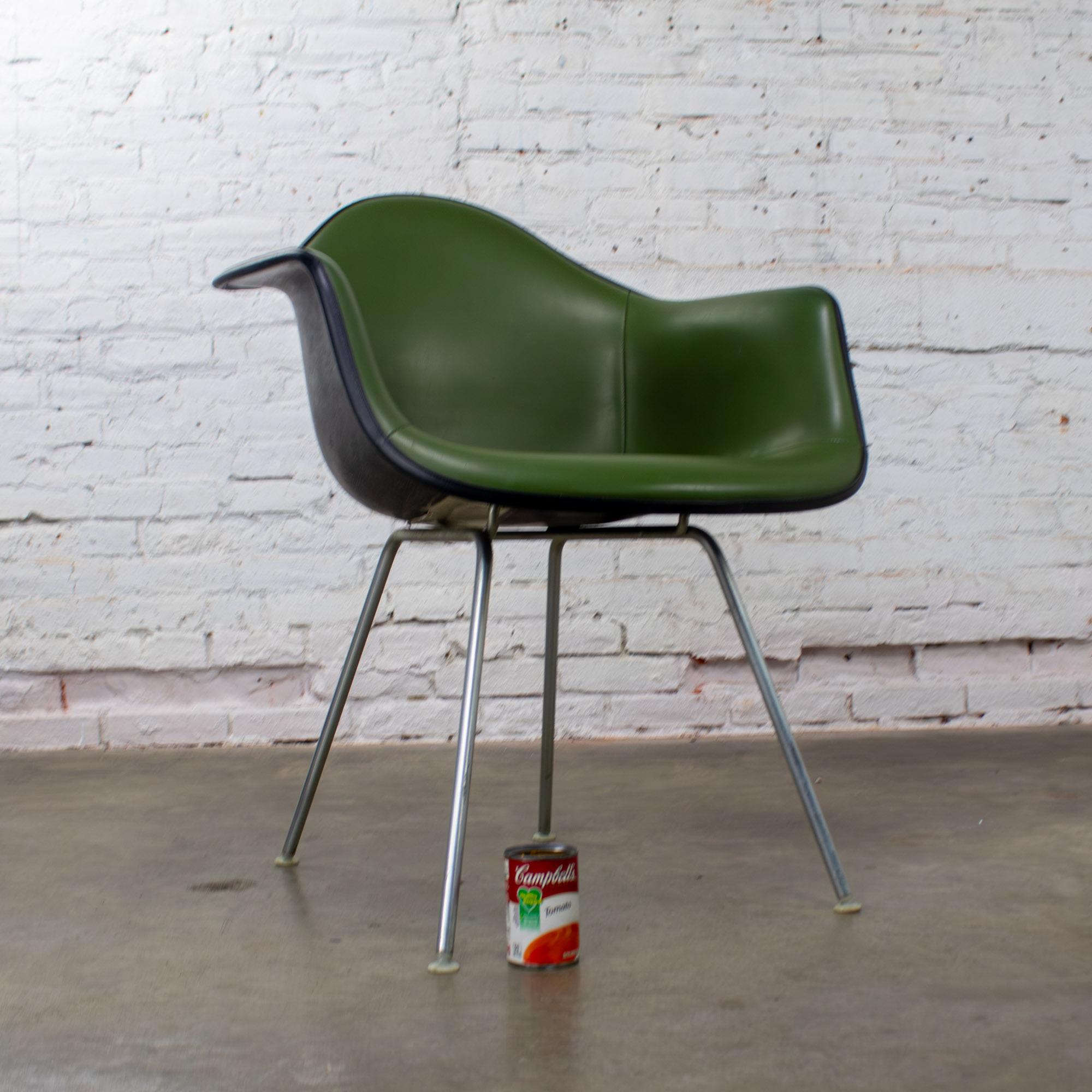 1971 MCM Eames Herman Miller Molded Fiberglass Shell Armchair Upholstered Green Naugahyde Galvanized H Base