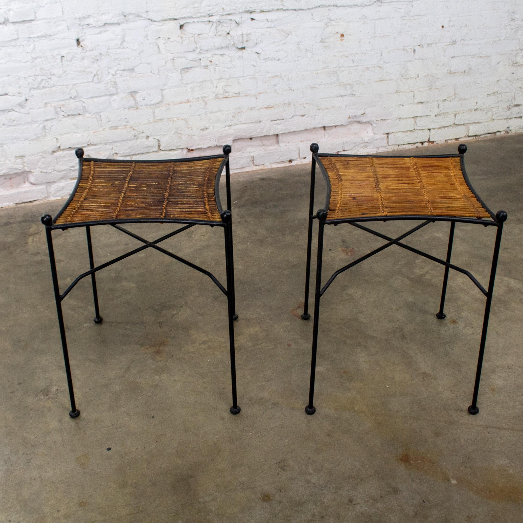 Mid-20th Century MCM Pair End Tables Attr. Pipsan Saarinen Swansen for Ficks Reed Sol-Air Line Black Iron & Reeded Rattan