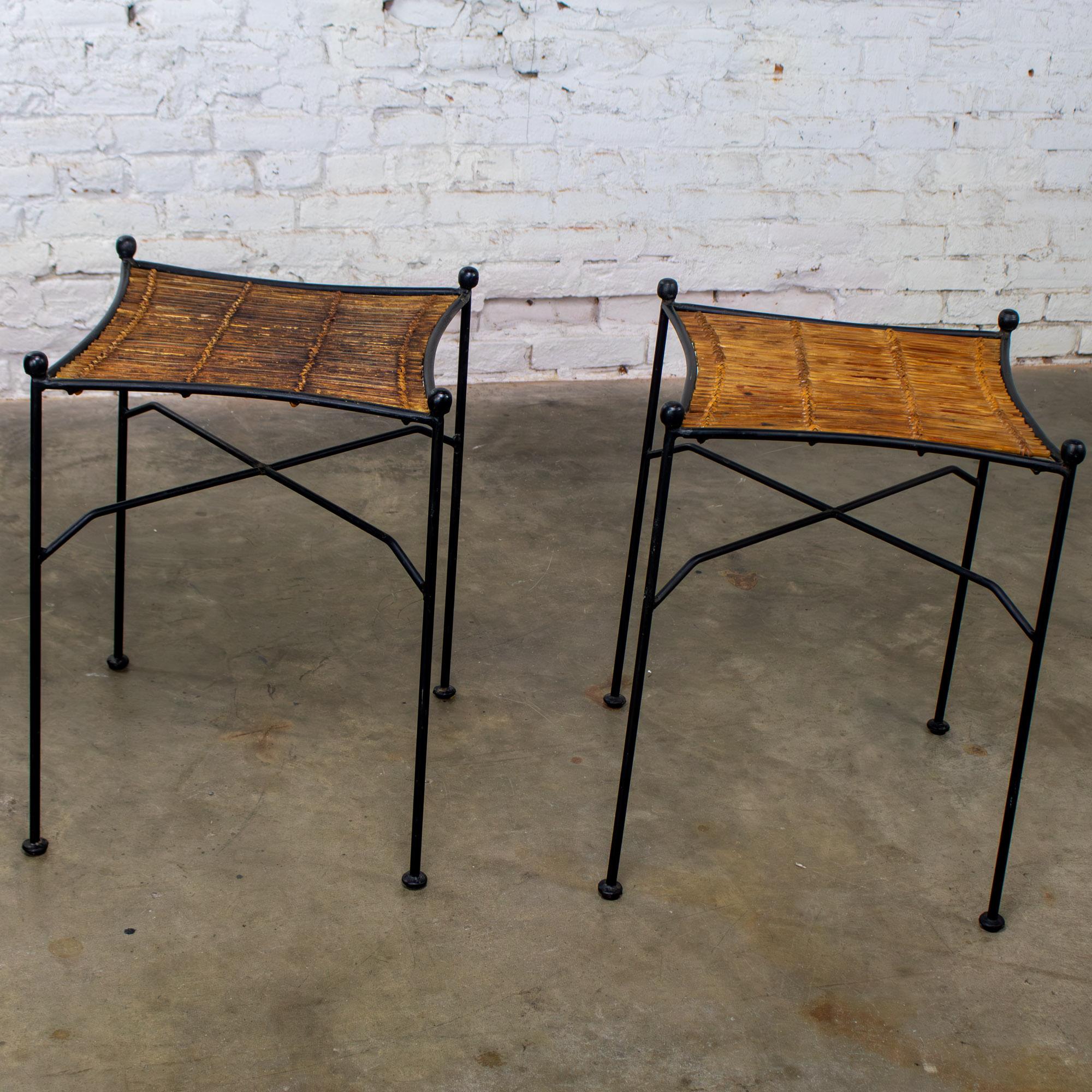 Mid-20th Century MCM Pair End Tables Attr. Pipsan Saarinen Swansen for Ficks Reed Sol-Air Line Black Iron & Reeded Rattan