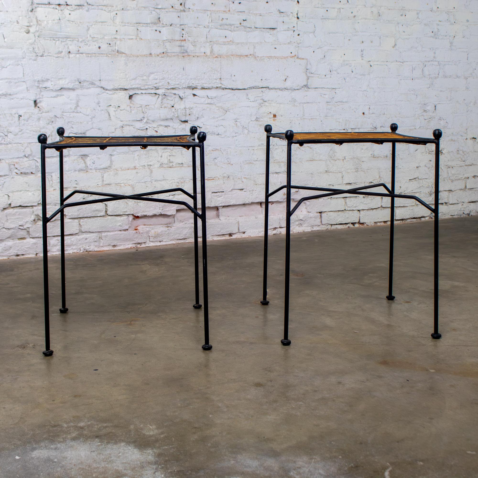 Mid-20th Century MCM Pair End Tables Attr. Pipsan Saarinen Swansen for Ficks Reed Sol-Air Line Black Iron & Reeded Rattan