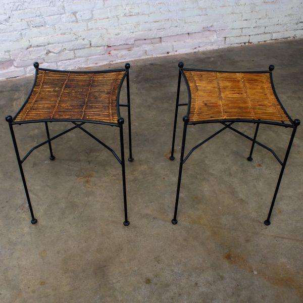 Mid-20th Century MCM Pair End Tables Attr. Pipsan Saarinen Swansen for Ficks Reed Sol-Air Line Black Iron & Reeded Rattan