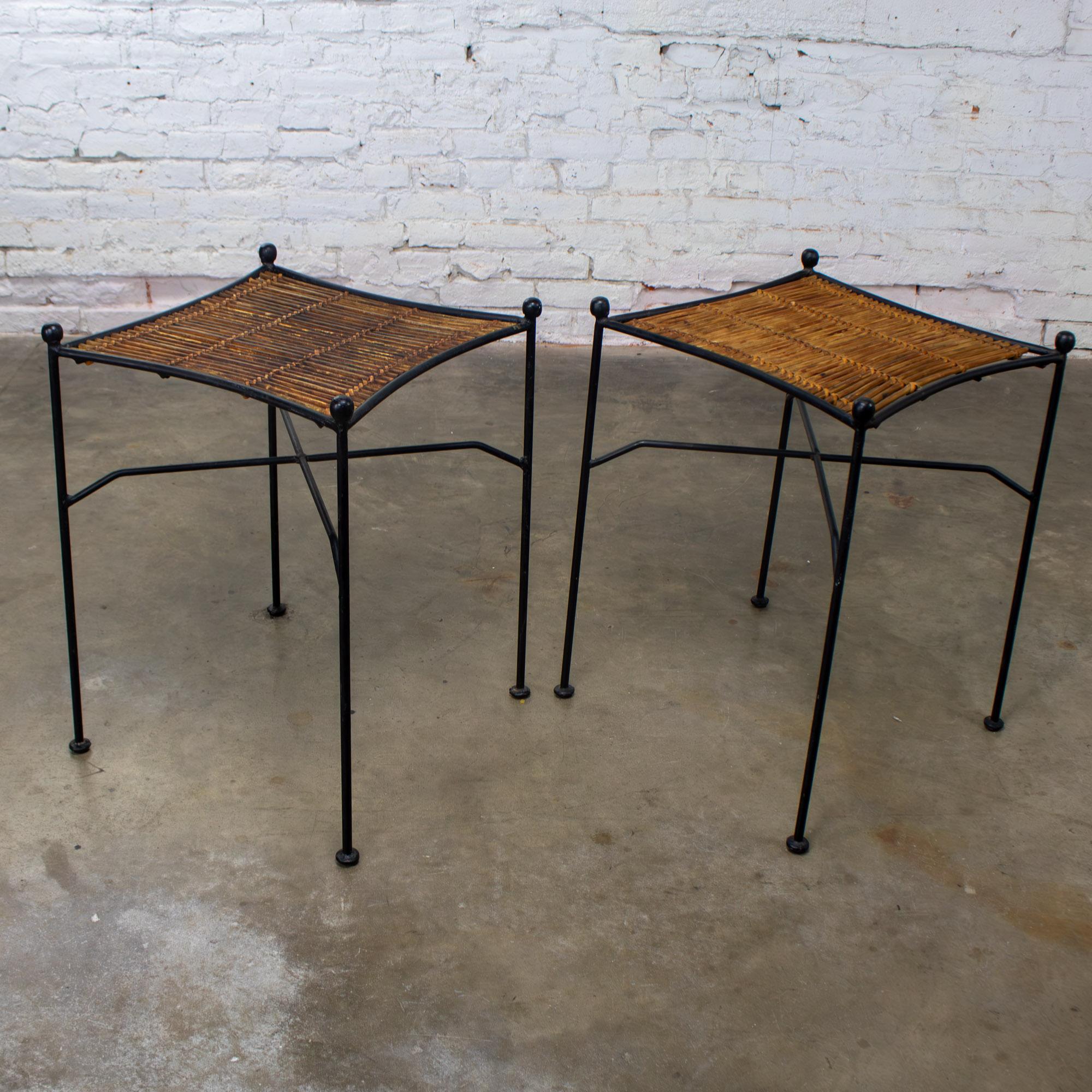 Mid-20th Century MCM Pair End Tables Attr. Pipsan Saarinen Swansen for Ficks Reed Sol-Air Line Black Iron & Reeded Rattan