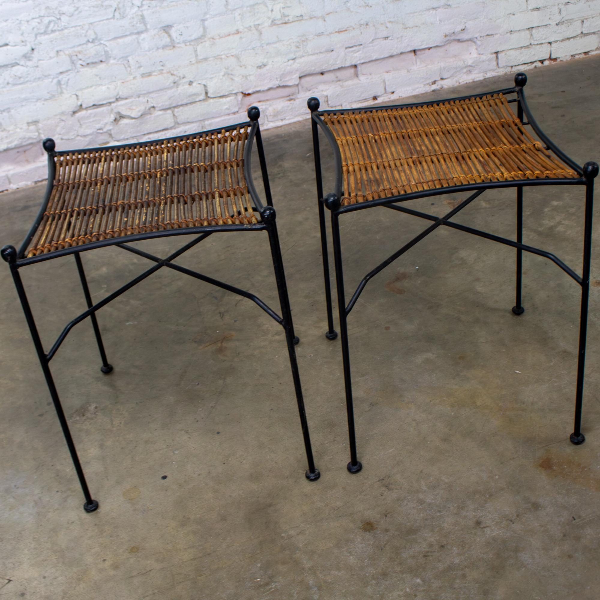 Mid-20th Century MCM Pair End Tables Attr. Pipsan Saarinen Swansen for Ficks Reed Sol-Air Line Black Iron & Reeded Rattan