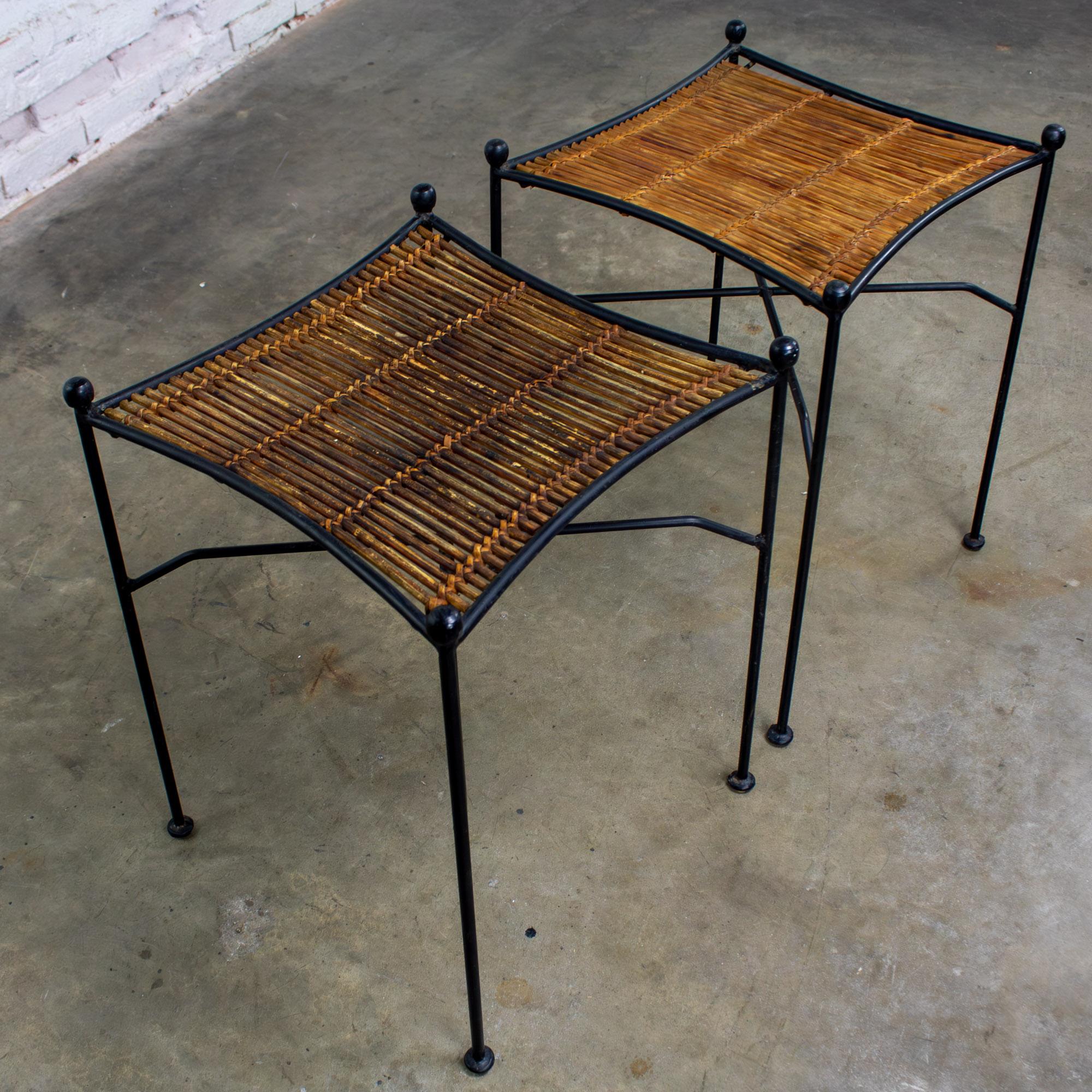 Mid-20th Century MCM Pair End Tables Attr. Pipsan Saarinen Swansen for Ficks Reed Sol-Air Line Black Iron & Reeded Rattan