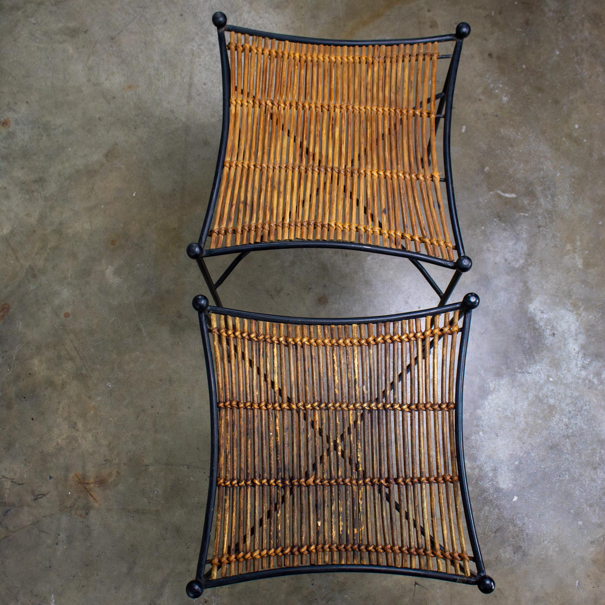 Mid-20th Century MCM Pair End Tables Attr. Pipsan Saarinen Swansen for Ficks Reed Sol-Air Line Black Iron & Reeded Rattan