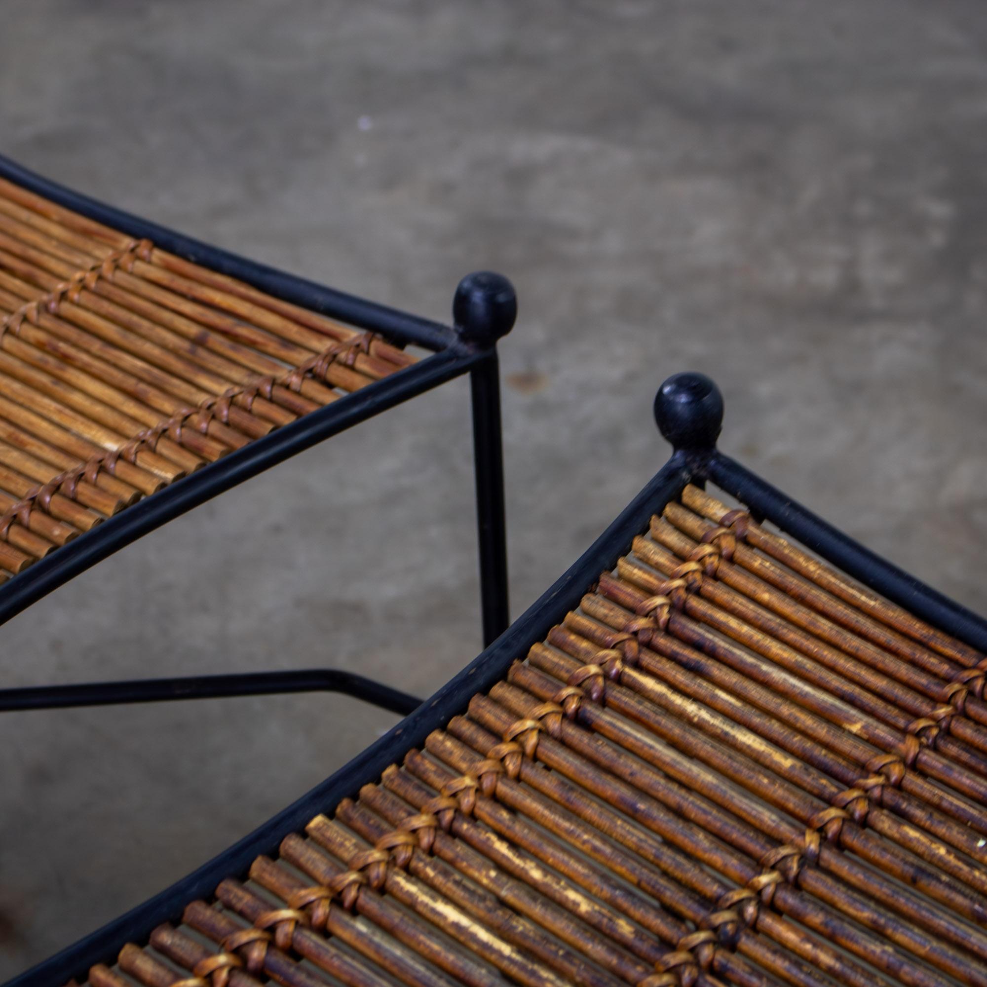 Mid-20th Century MCM Pair End Tables Attr. Pipsan Saarinen Swansen for Ficks Reed Sol-Air Line Black Iron & Reeded Rattan