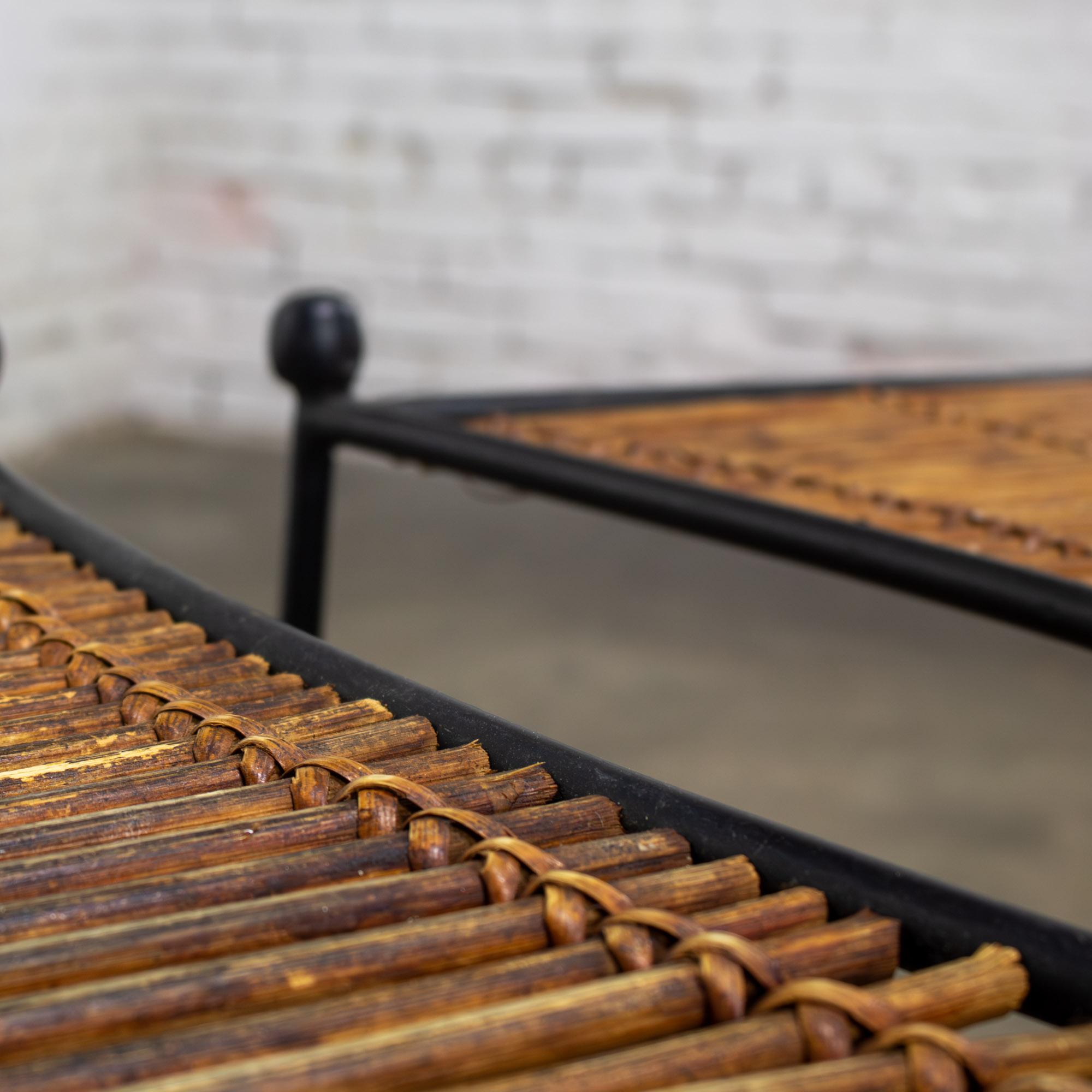 Mid-20th Century MCM Pair End Tables Attr. Pipsan Saarinen Swansen for Ficks Reed Sol-Air Line Black Iron & Reeded Rattan