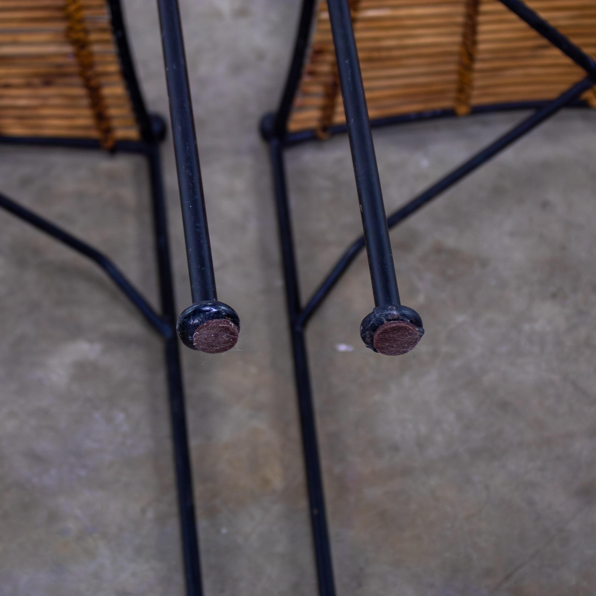 Mid-20th Century MCM Pair End Tables Attr. Pipsan Saarinen Swansen for Ficks Reed Sol-Air Line Black Iron & Reeded Rattan