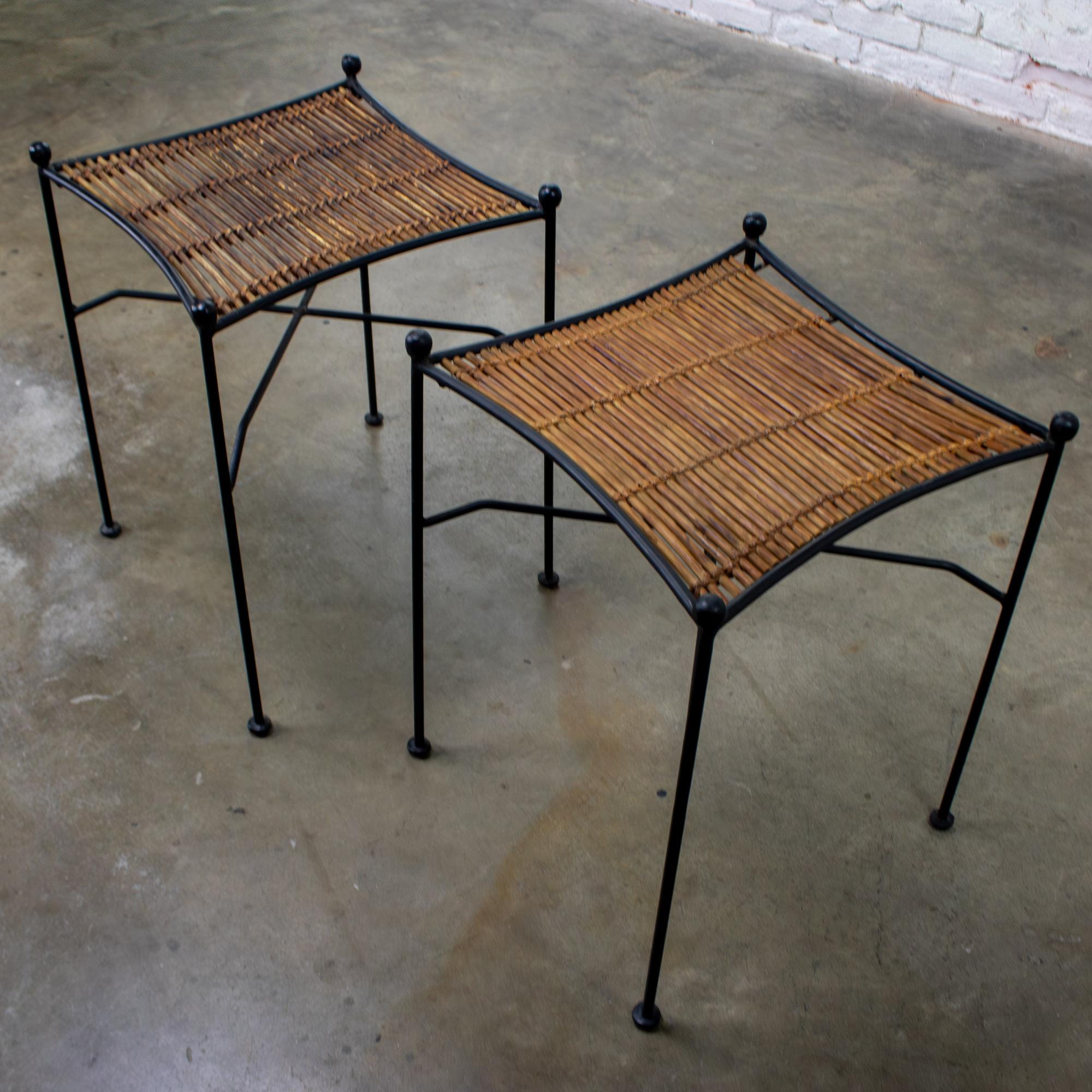 Mid-20th Century MCM Pair End Tables Attr. Pipsan Saarinen Swansen for Ficks Reed Sol-Air Line Black Iron & Reeded Rattan