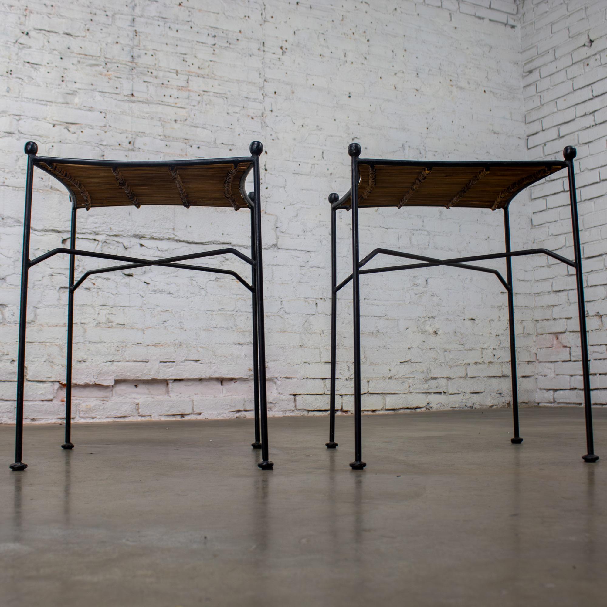 Mid-20th Century MCM Pair End Tables Attr. Pipsan Saarinen Swansen for Ficks Reed Sol-Air Line Black Iron & Reeded Rattan