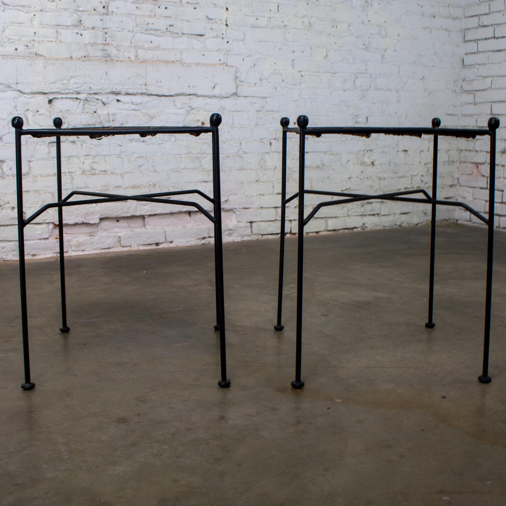 Mid-20th Century MCM Pair End Tables Attr. Pipsan Saarinen Swansen for Ficks Reed Sol-Air Line Black Iron & Reeded Rattan