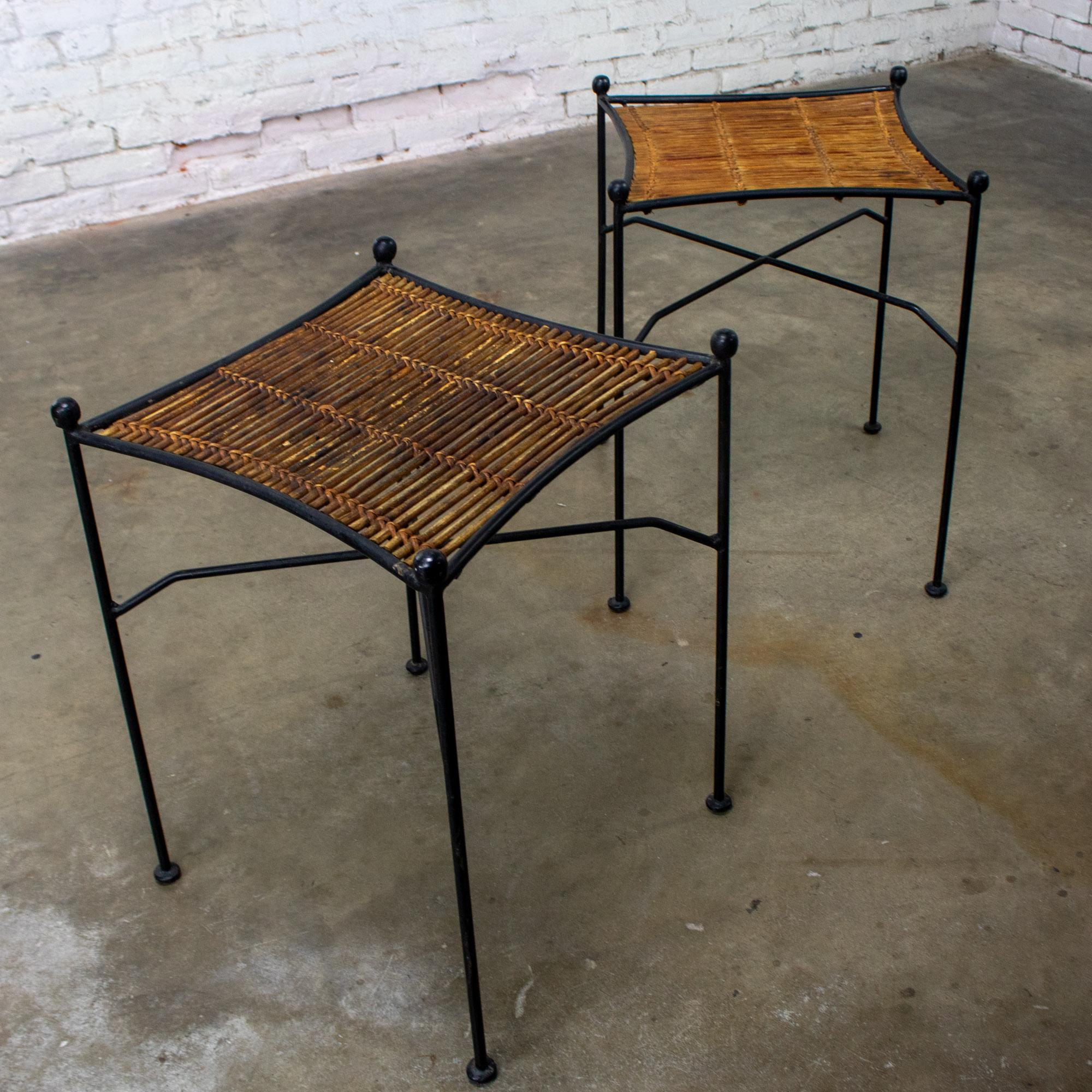 Mid-20th Century MCM Pair End Tables Attr. Pipsan Saarinen Swansen for Ficks Reed Sol-Air Line Black Iron & Reeded Rattan