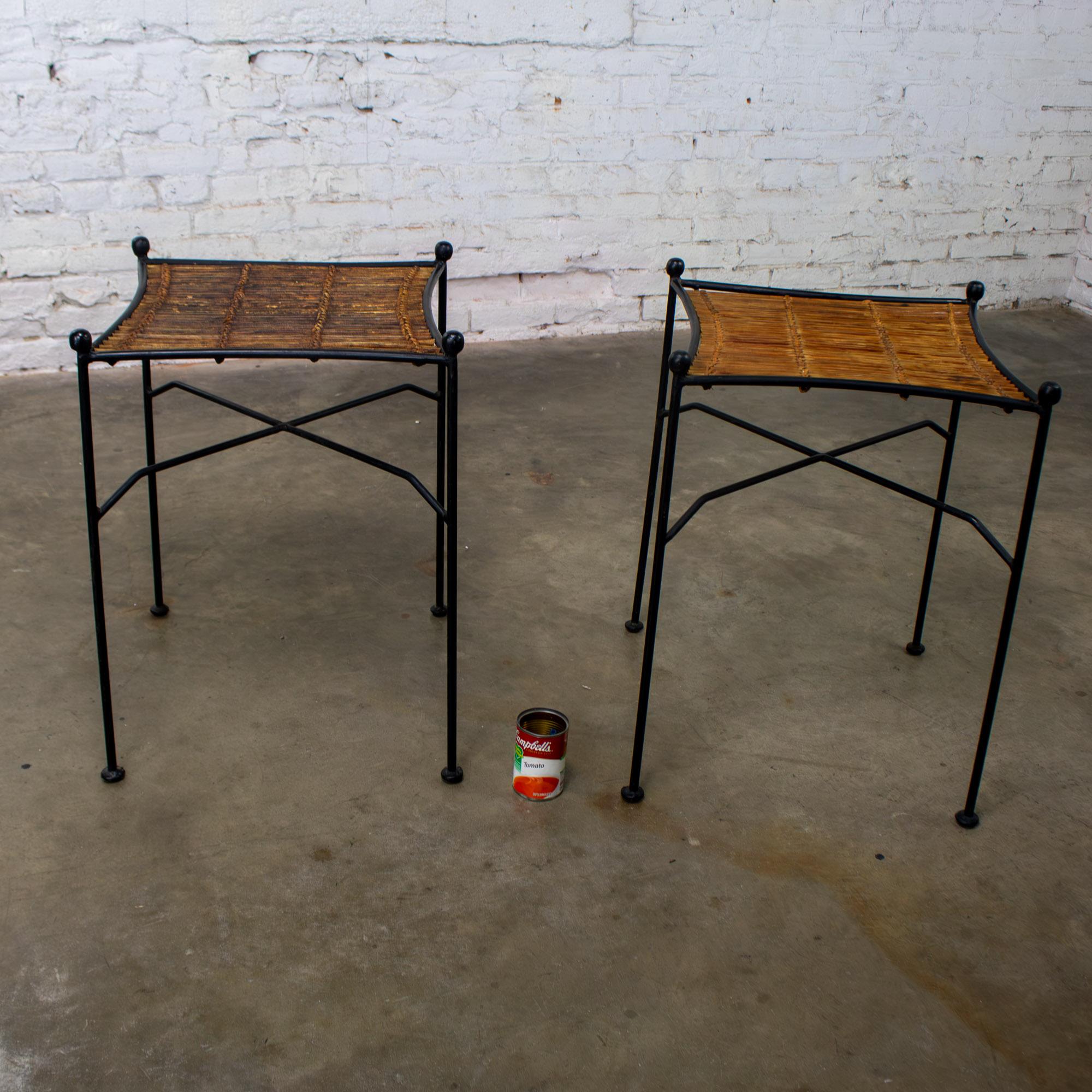 Mid-20th Century MCM Pair End Tables Attr. Pipsan Saarinen Swansen for Ficks Reed Sol-Air Line Black Iron & Reeded Rattan