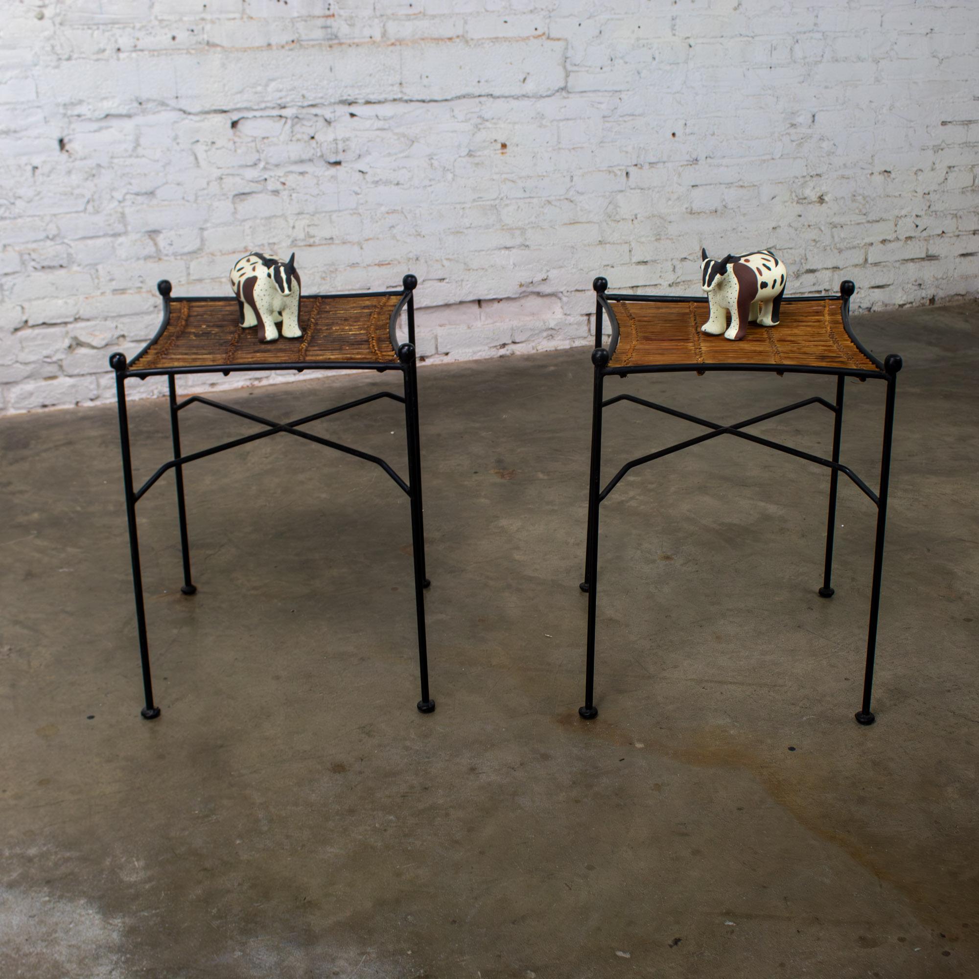 Mid-20th Century MCM Pair End Tables Attr. Pipsan Saarinen Swansen for Ficks Reed Sol-Air Line Black Iron & Reeded Rattan