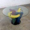 Late 20th Century Postmodern Dining Table Geometrical Pedestal Base & Round Scalloped Glass Top Style of Memphis Group