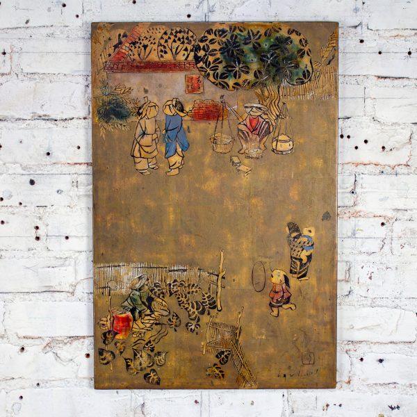 Mid to Late 20th Century Vietnamese Layered Lacquer Painting Gilt & Polychrome on Wood Village Scene Signed by Nguyen Van Minh