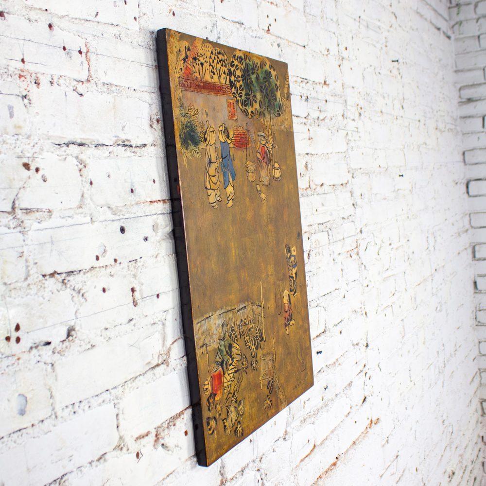 Mid to Late 20th Century Vietnamese Layered Lacquer Painting Gilt & Polychrome on Wood Village Scene Signed by Nguyen Van Minh