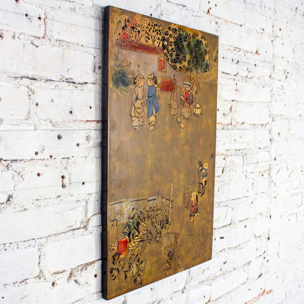 Mid to Late 20th Century Vietnamese Layered Lacquer Painting Gilt & Polychrome on Wood Village Scene Signed by Nguyen Van Minh