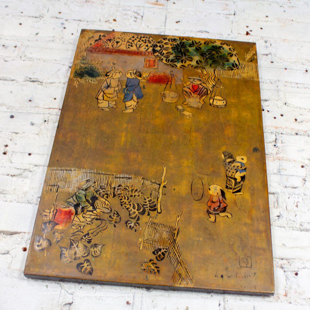 Mid to Late 20th Century Vietnamese Layered Lacquer Painting Gilt & Polychrome on Wood Village Scene Signed by Nguyen Van Minh