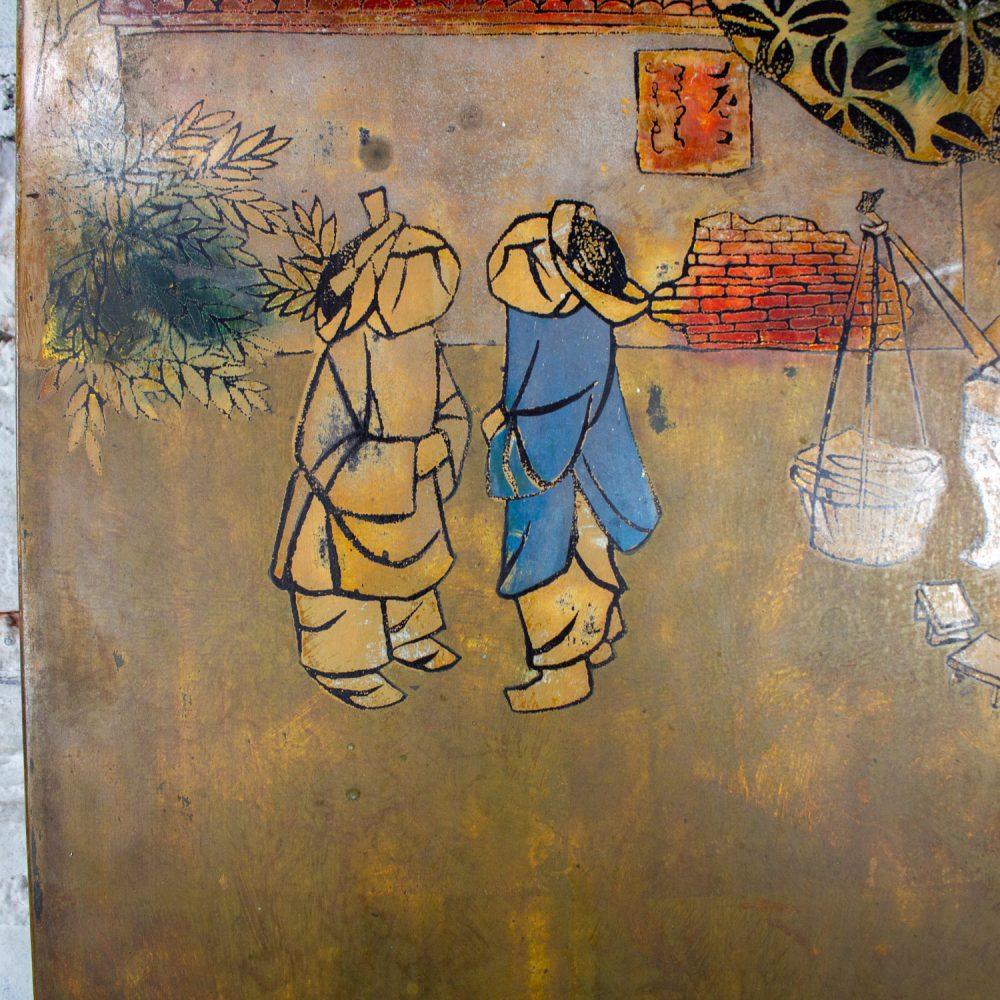 Mid to Late 20th Century Vietnamese Layered Lacquer Painting Gilt & Polychrome on Wood Village Scene Signed by Nguyen Van Minh