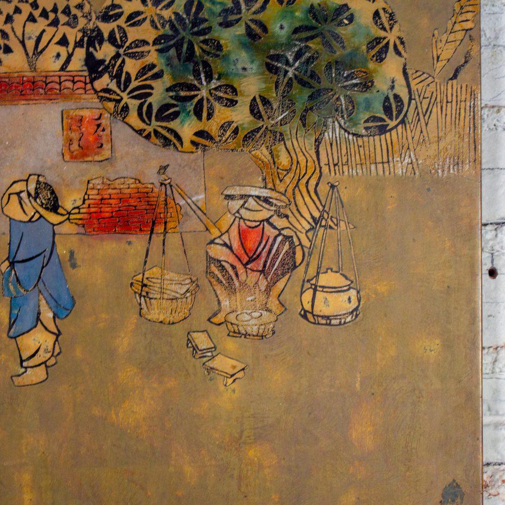 Mid to Late 20th Century Vietnamese Layered Lacquer Painting Gilt & Polychrome on Wood Village Scene Signed by Nguyen Van Minh