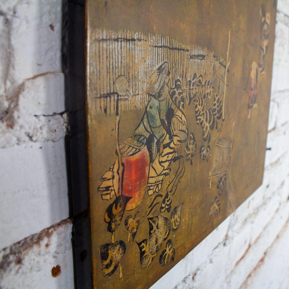 Mid to Late 20th Century Vietnamese Layered Lacquer Painting Gilt & Polychrome on Wood Village Scene Signed by Nguyen Van Minh